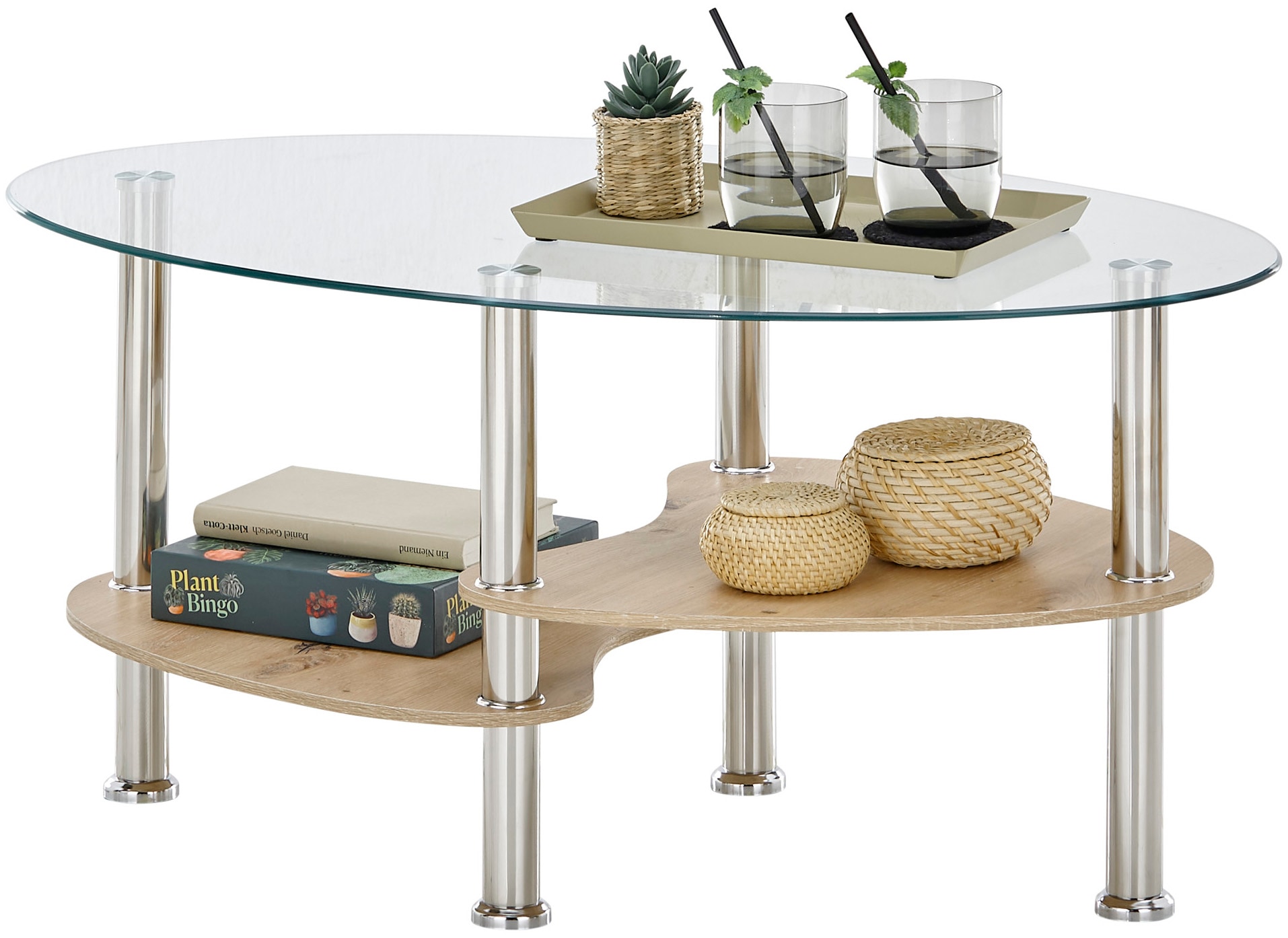 Stolkom Couchtisch »Panty Glastisch, Wohnzimmertisch, Beistelltisch Glas BxHxT 90x42x55 cm«, (Couchtisch), Sicherheitsglas 8mm, Ablage in MDF Eiche Artisan und Eiche Sonoma