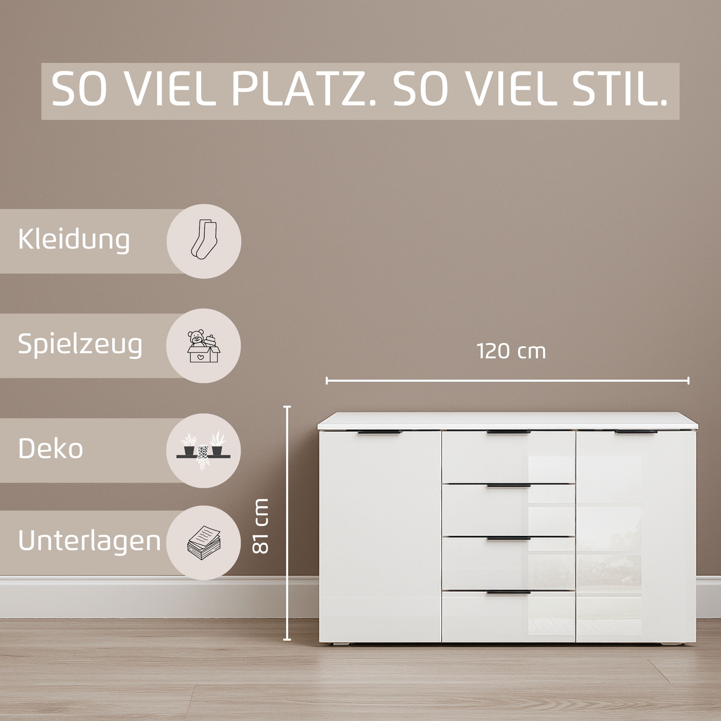 rauch Kombikommode »Sideboard Kombikommode Schubladenkommode AGORDO mit Glasfront«, (in zwei Griff-Farben, Breite 120 cm), vier große Schubladen, mit insgesamt 4 Einlegeböden MADE IN GERMANY