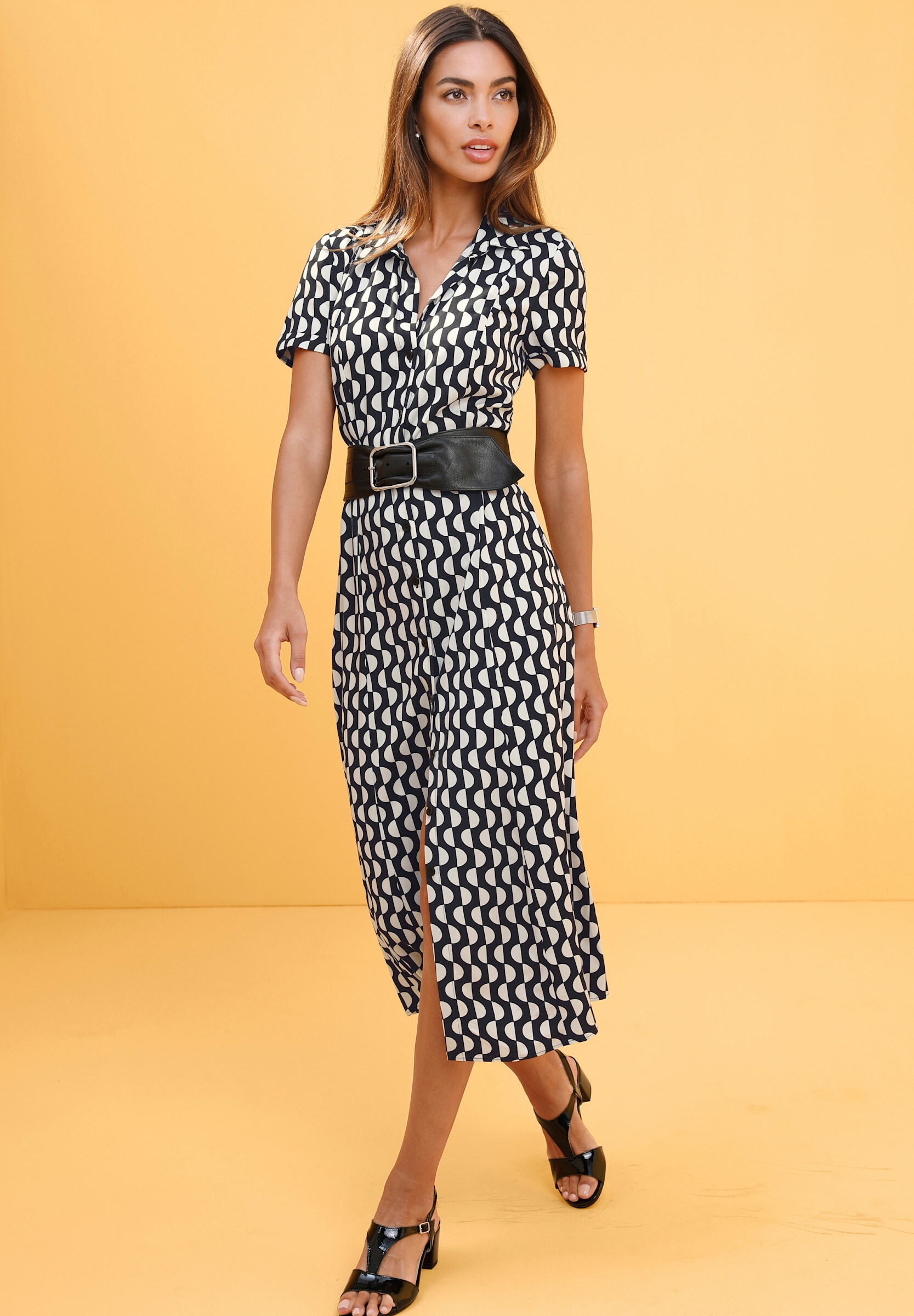 heine Hemdblusenkleid »Druck-Kleid Druckkleid mit Stoffbindegürtel« Ohne Taschen