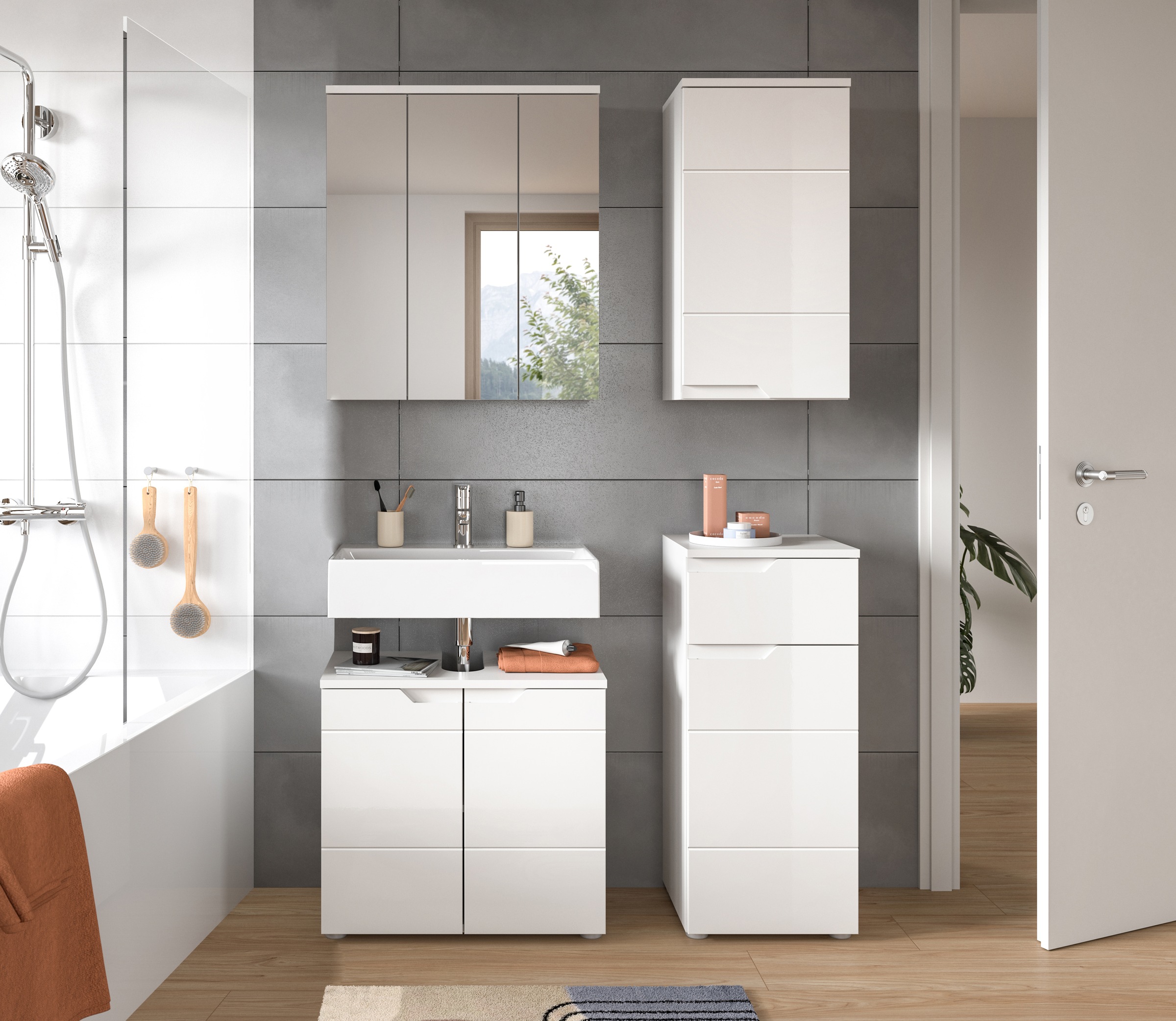 INOSIGN Badmöbel-Set »CAPRI, 4-teilig, mit eingefasster Griffmulde, bestehend aus:«, Waschbeckenunterschrank, Spiegelschrank, Unterschrank und Hängeschrank