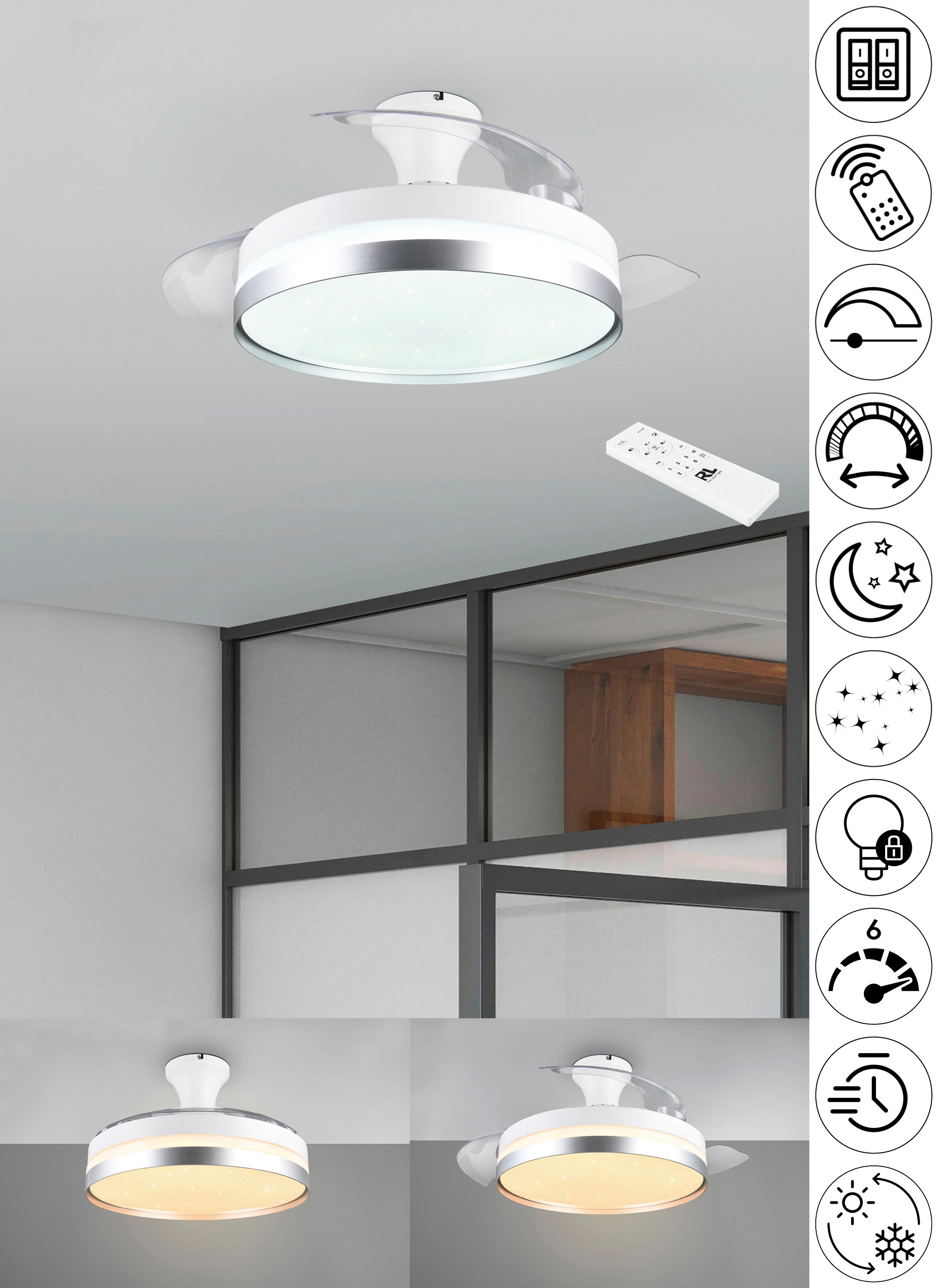 LED Deckenleuchte »LINDBERG Deckenventilator mit Beleuchtung, Rotor einklappbar, 6...