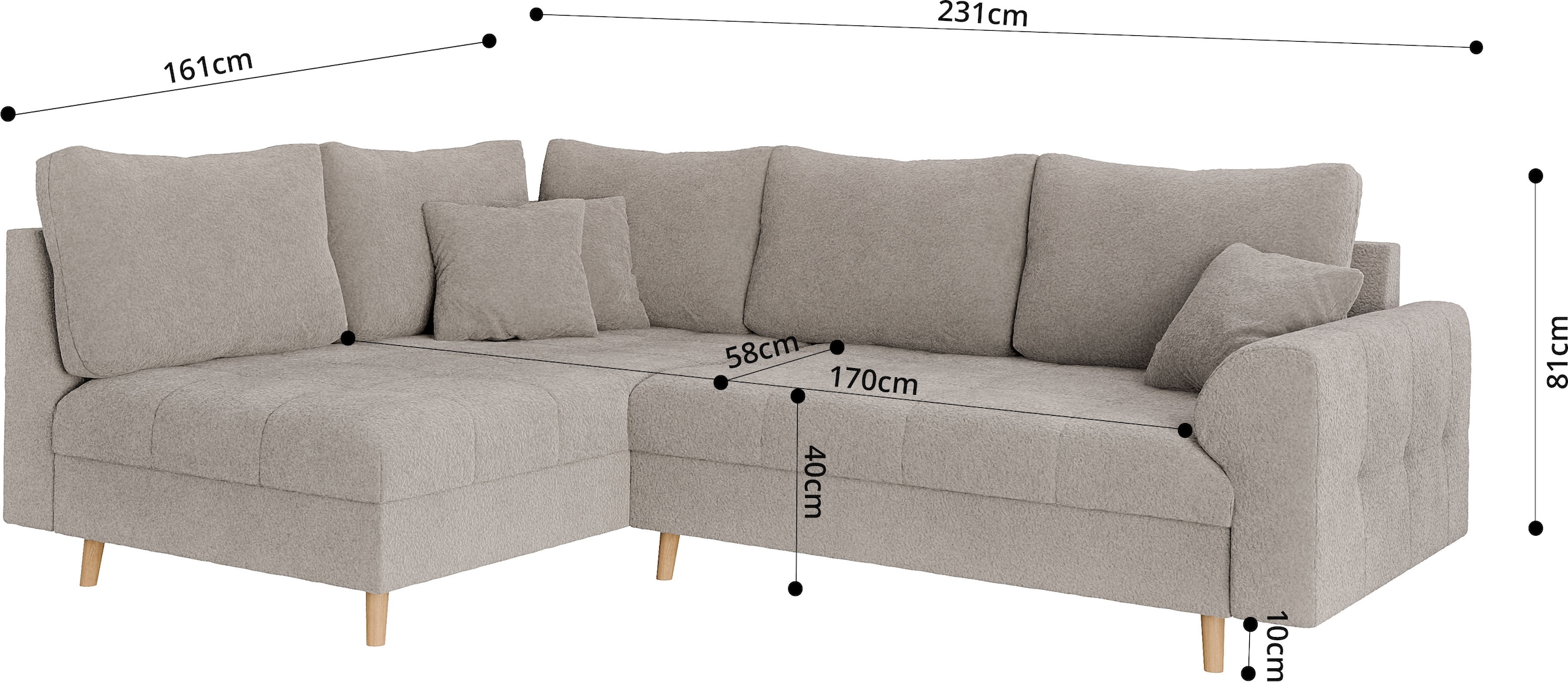 Home affaire Ecksofa »CHARRE L-Form mit Ottomane, Maße B/T/H: 231/161/81 cm«, feine Steppung, lose Rücken- und Zierkissen, auch in Cord und Bouclé