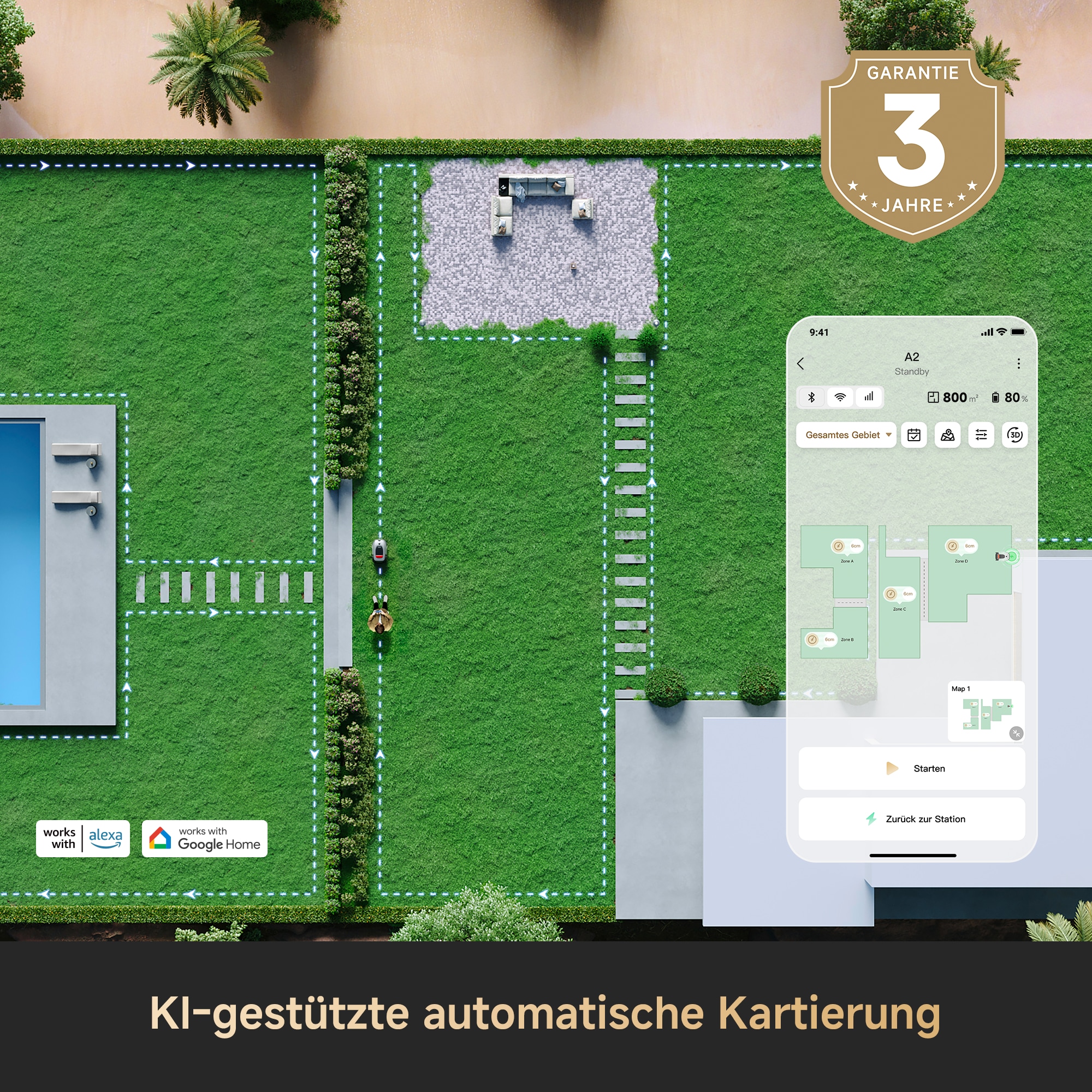 Dreame Rasenmähroboter »A2 1200«  Kantenschnittsystem, automatische Begrenzungseinrichtung, KI-Kamera