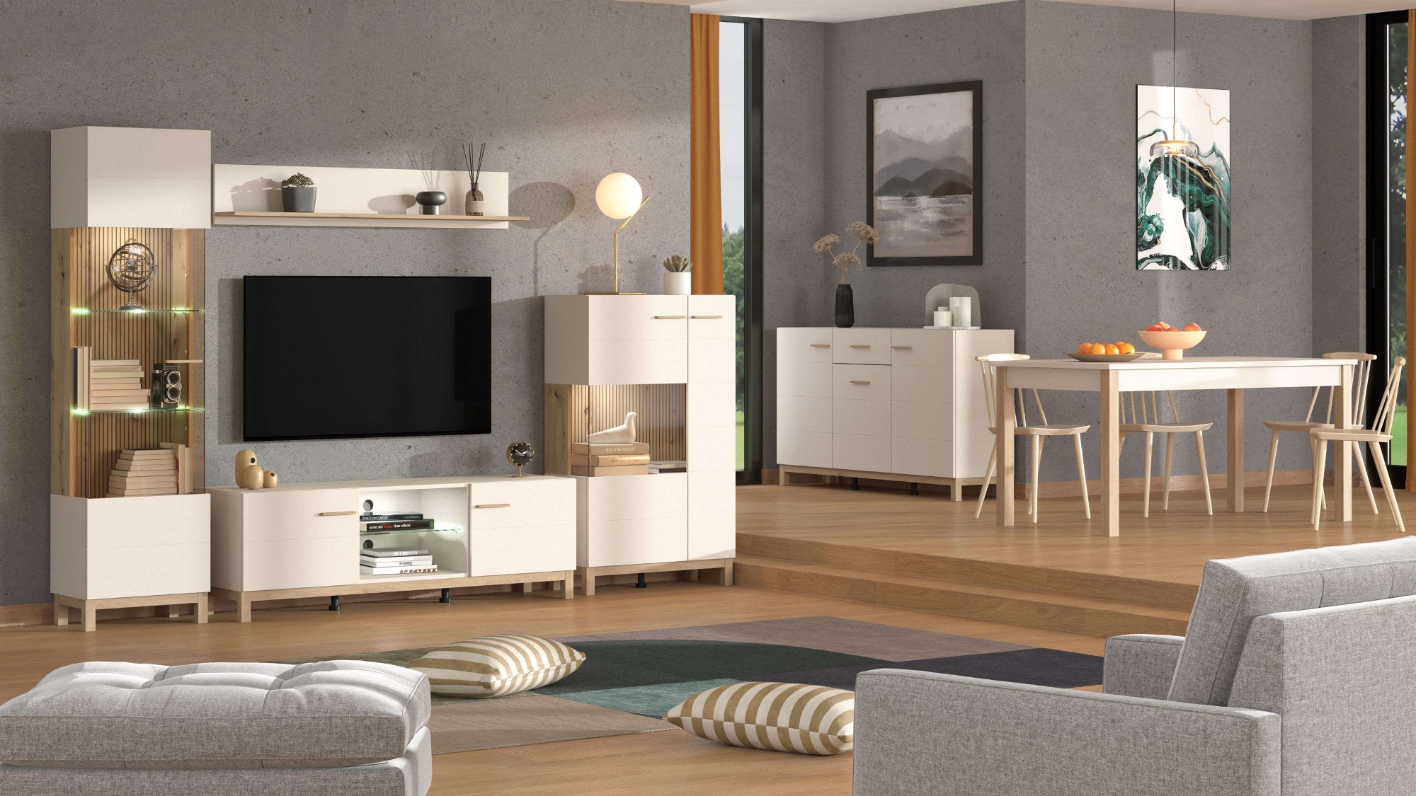 Home affaire Highboard »Essex, Hochkommode, Vitrine, Glasvitrine, Kombi-Highboard« Modernes Highboard in Kaschmir mit Glasfront & Lamellen-Optik