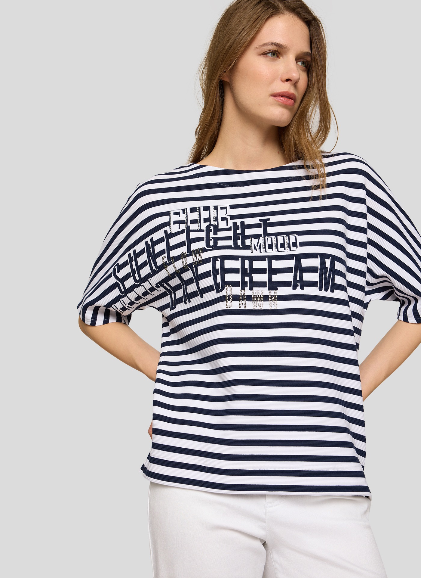 Rabe Rundhalsshirt im Streifen-Look und mit Glitzer-Druck