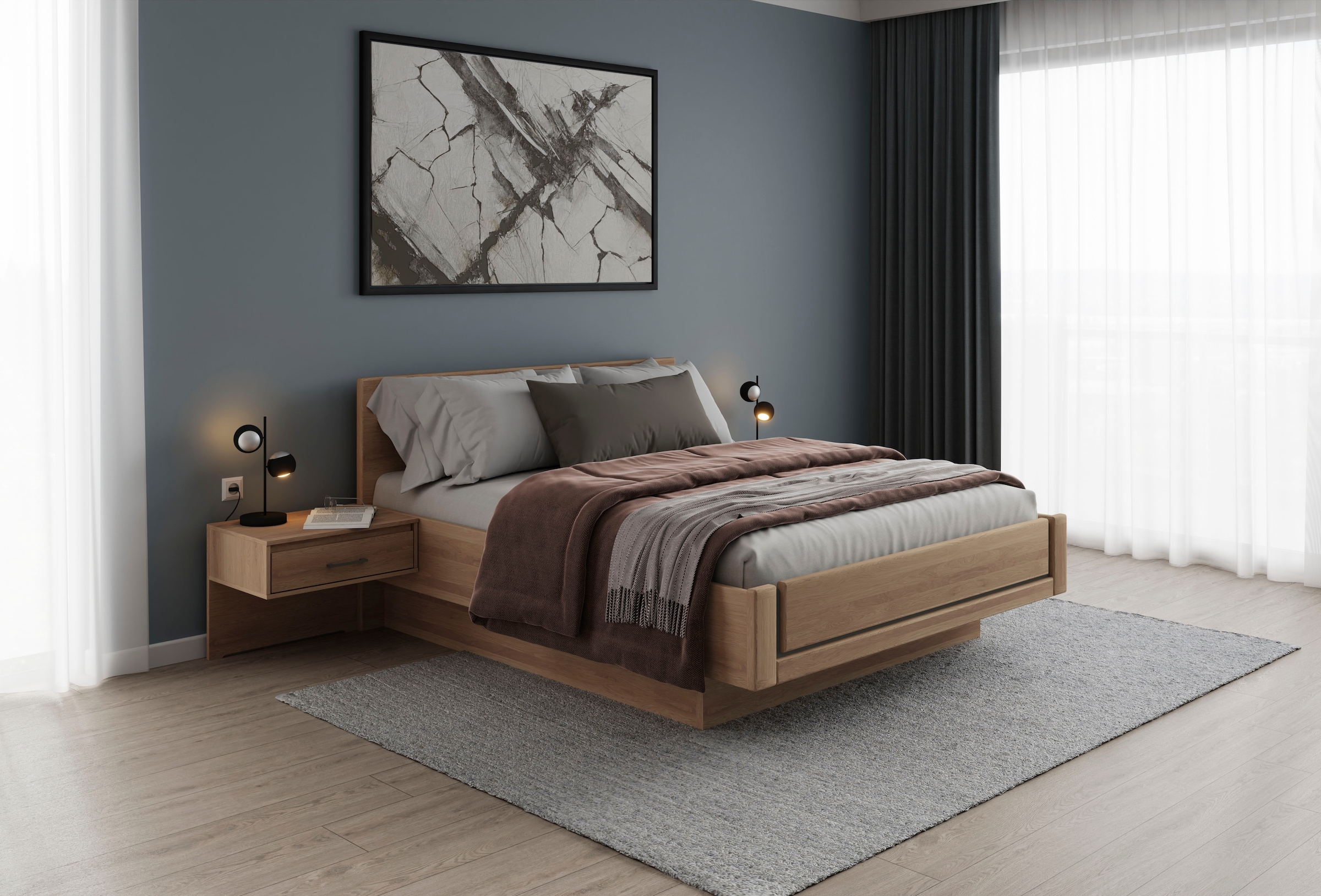 Musterring Holzbett »Sorrent, Bettgestell, Bettrahmen, teilmassiv Eiche«, (MADE IN GERMANY), Eiche teilmassiv, Liegehöhenverstellung, in schwebender Optik