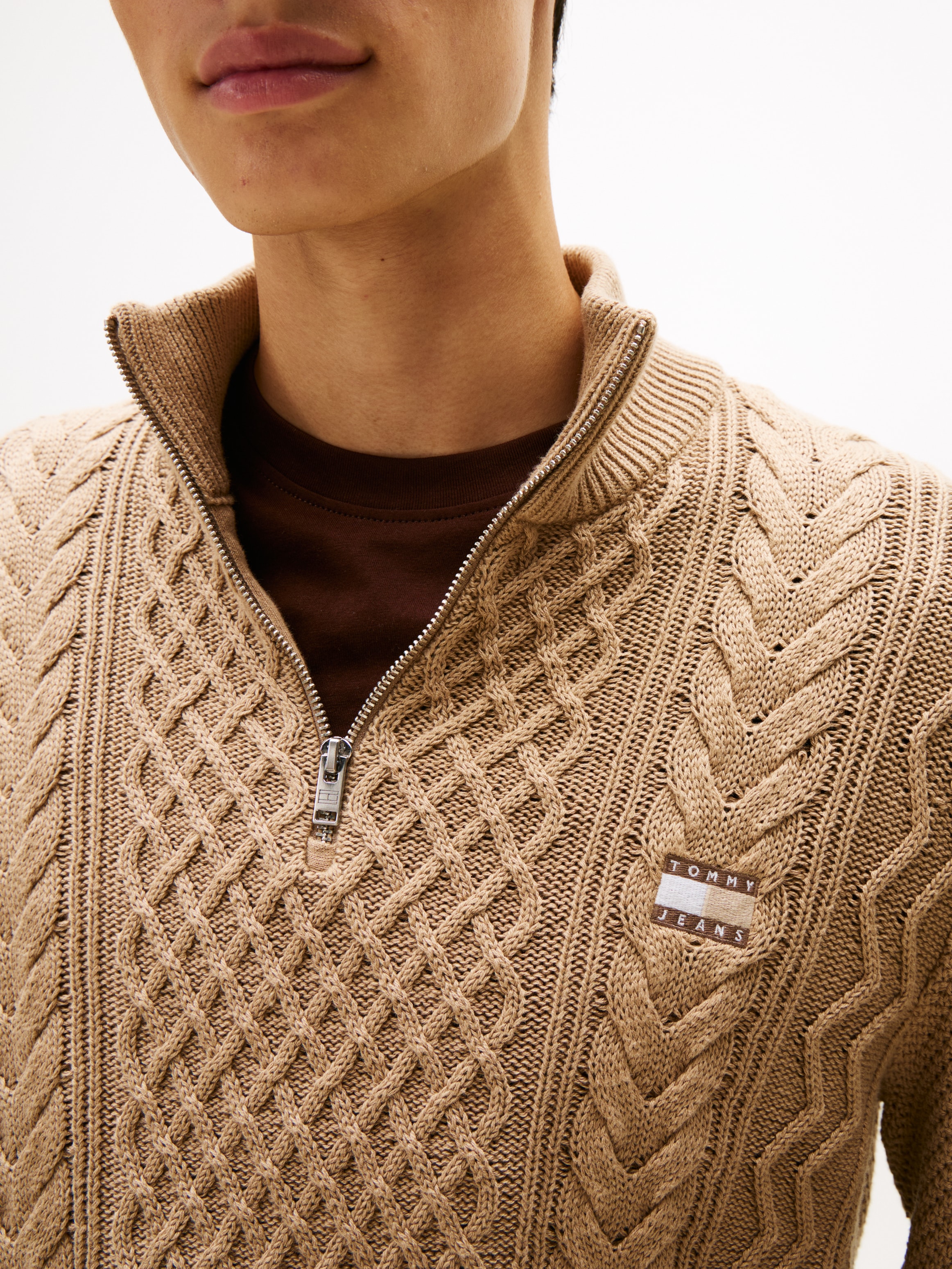 Tommy Jeans Strickpullover Troyer-Kragen mit Reißverschluss, slim fit, Zopfstrick-Muster