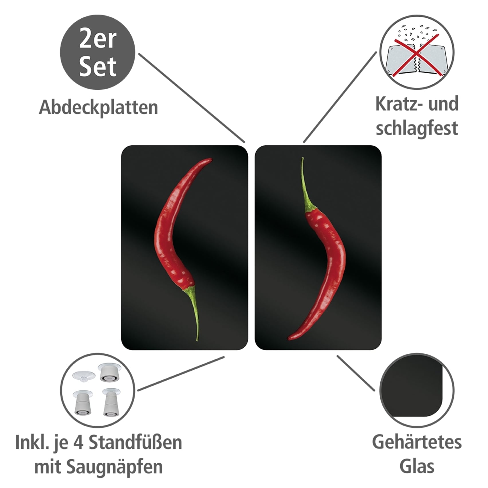 WENKO Herd-Abdeckplatte »Universal Modell Hot Peperoni«, (Set, 2 tlg.), Herdabdeckung für alle Herdarten, kratzfest, mit rutschfesten Füßen