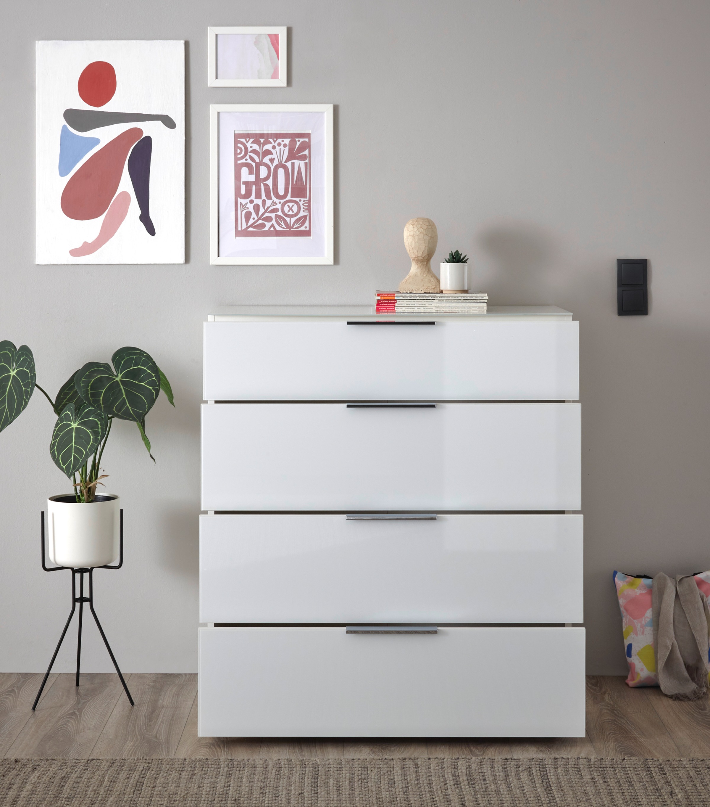 HBZ Kommode »Santorin Mehrzweckschrank mit Schubkästen, BxHxT 90x99x40 cm«, (1 St.), Mit 4 Schubkästen mit Softclose, Glasfront und Glasoberboden