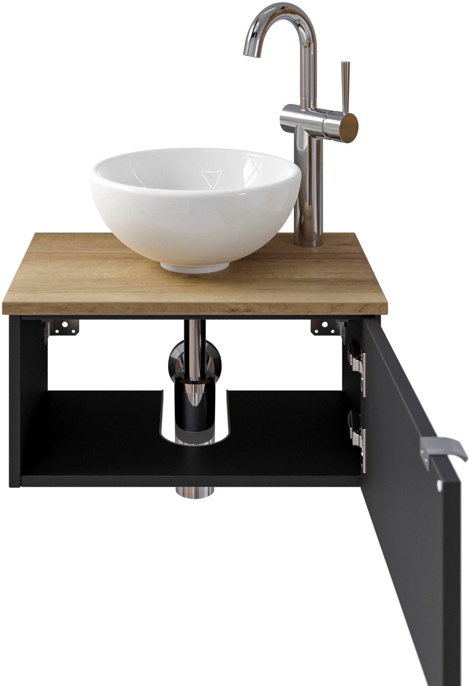 Saphir Waschtisch »Serie 6915 Waschschale mit Unterschrank für Gästebad, Gäste WC« Keramik-Aufsatzbecken, Waschtischplatte, Waschtischunterschrank, 3 Stk. tlg. 51 cm breit, 1 Tür, Waschtischplatte, kleine Bäder, ohne Armatur