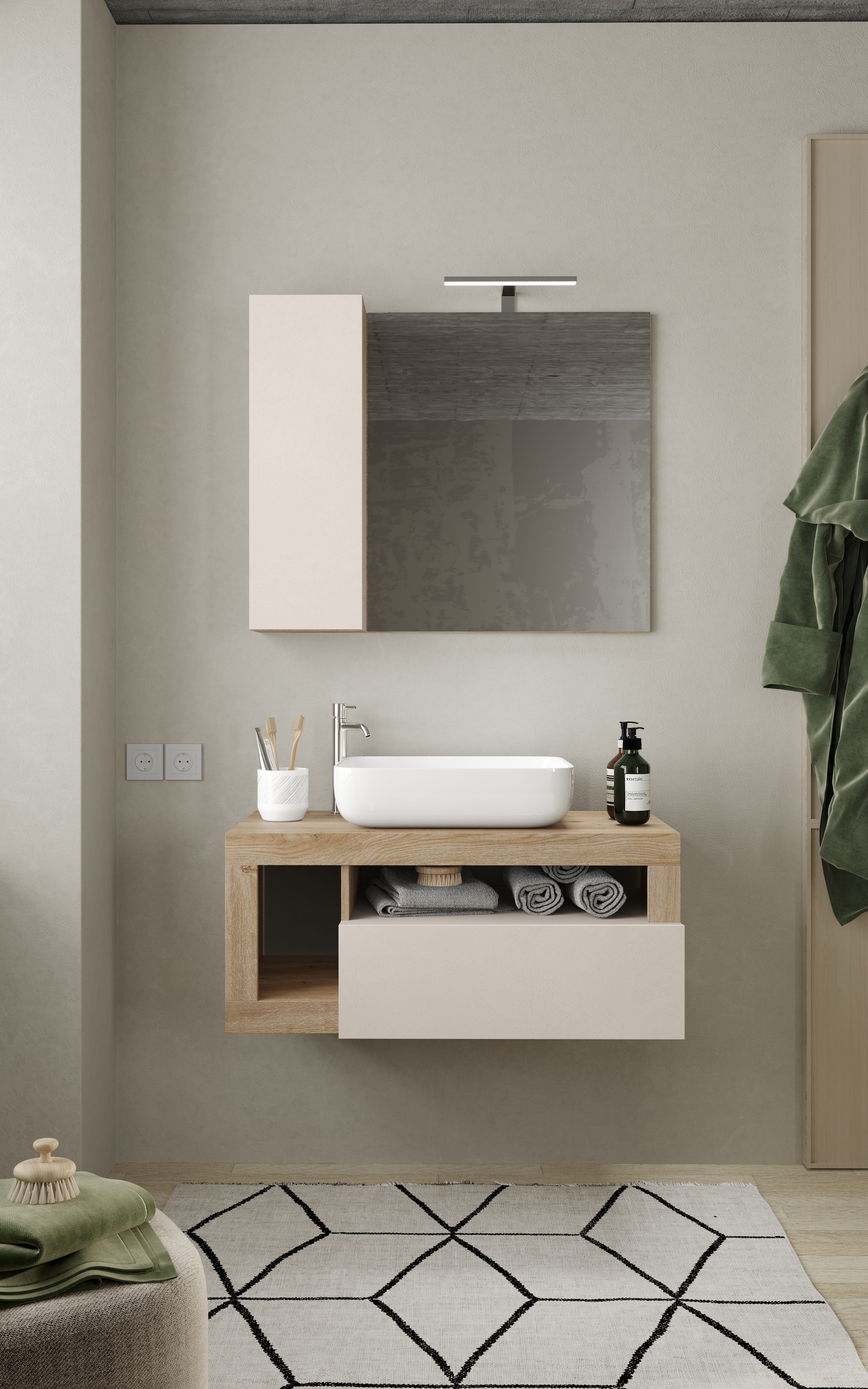 welltime Badmöbel-Set »Hamburg, Badezimmerset 2tlg. Breite 92 cm, Badmöbel, Waschtisch inkl.«, (Spar-Set, 2 St.), Waschbecken, Spiegelschrank mit LED Aufbauleuchte, Soft-Close-Funktion