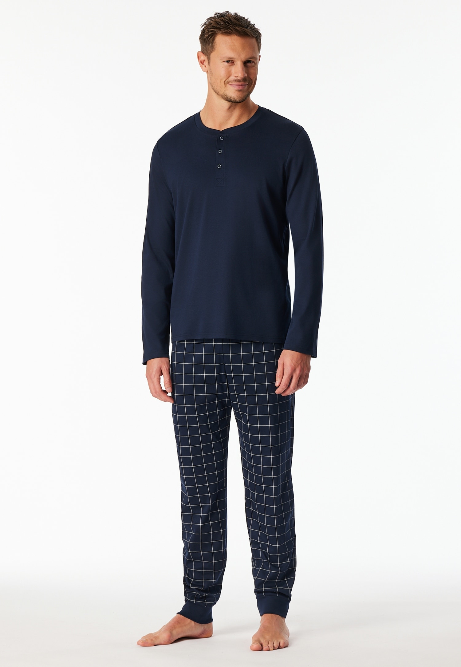 Schiesser Pyjama »Fine Interlock« 2 tlg. Rundhalsausschnitt mit Kopfleiste, langärmelig, Komfortbund