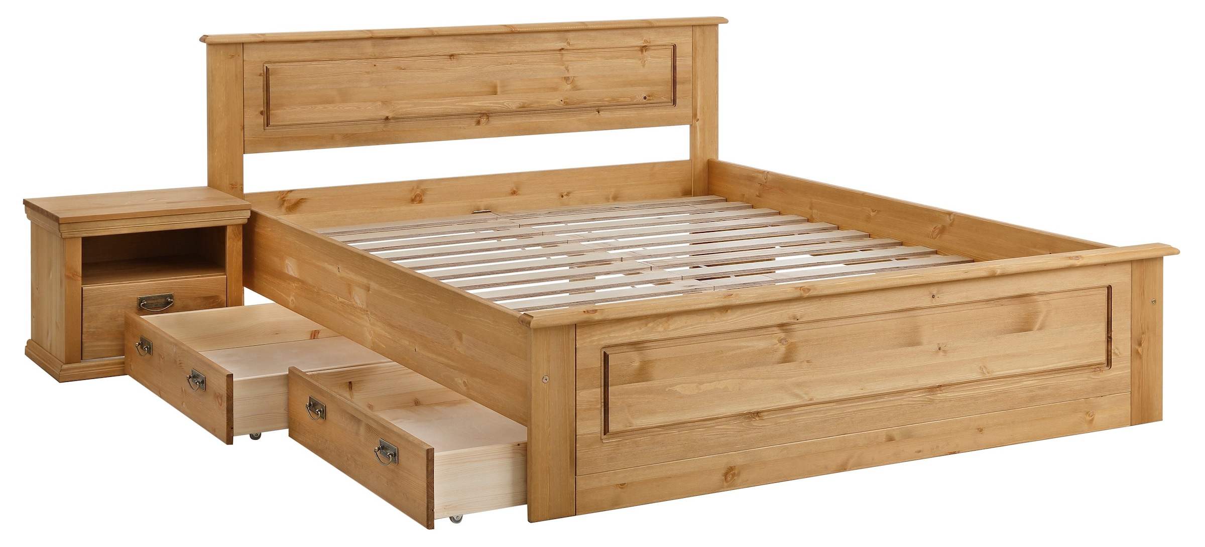 Home affaire Massivholzbett »Madrid, Landhausstil, hohe Belastbarkeit!«, (Breite/Belastbarkeit 180cm/220 KG, 160cm/200 KG, 90cm/=120 KG), aus FSC®-zertifizierter Kiefer, INKLUSIVE Rollrost, Kassettenoptik