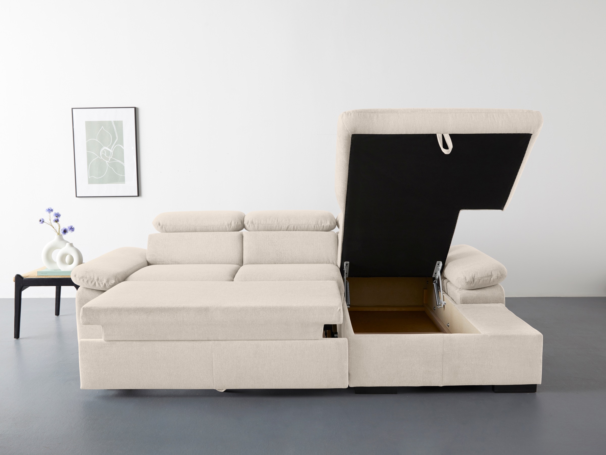COTTA Ecksofa »Lola L-Form mit Kopfteilfunktion & Hocker«, (Set, mit Hocker), wahlweise mit Bettfunktion, Bettkasten & Armteilverstellung