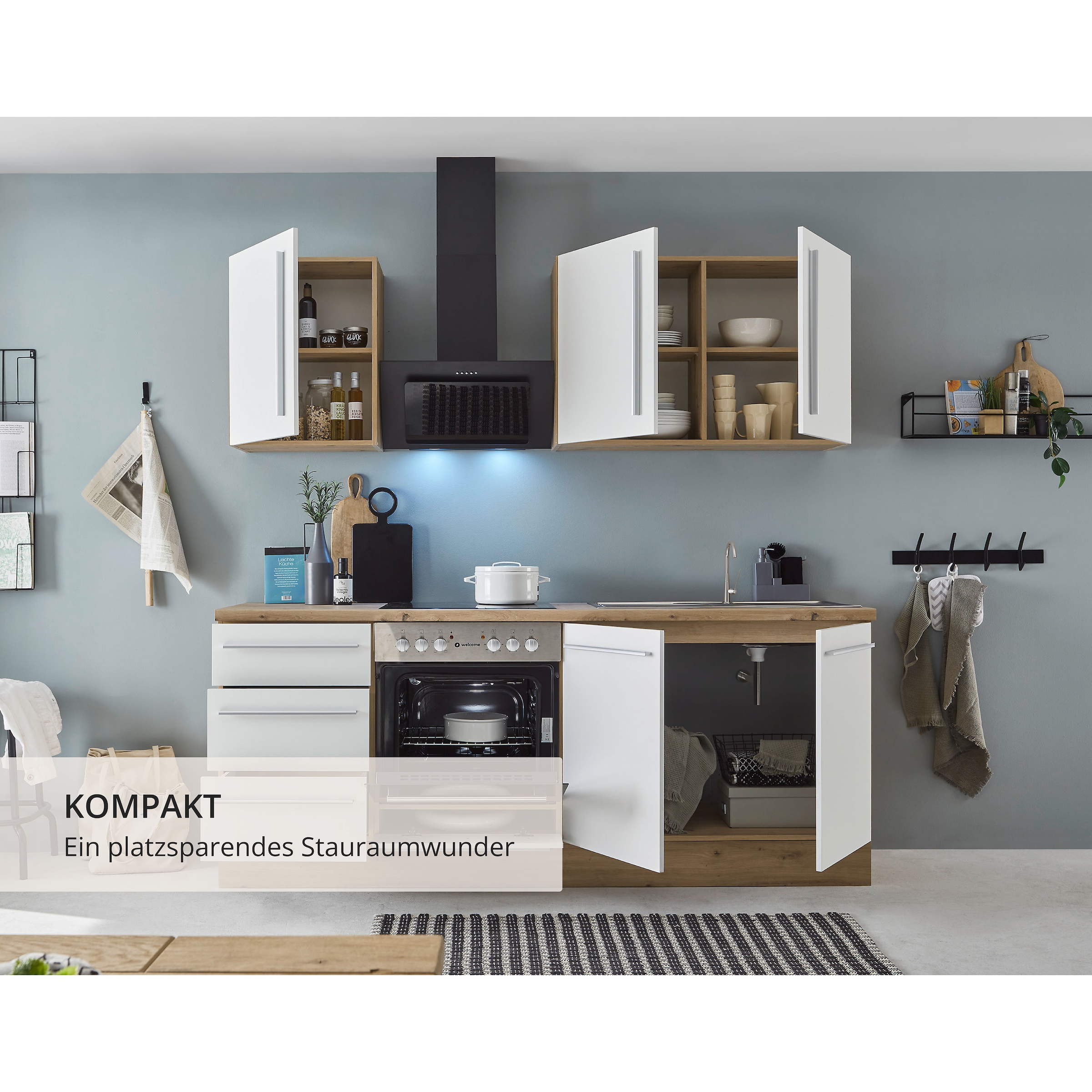 KOCHSTATION Küchenzeile »KS-Florida mit 38mm starker Arbeitsplatte«, Breite 210 cm, wahlweise mit E-Geräten, Soft-Close-Funktion