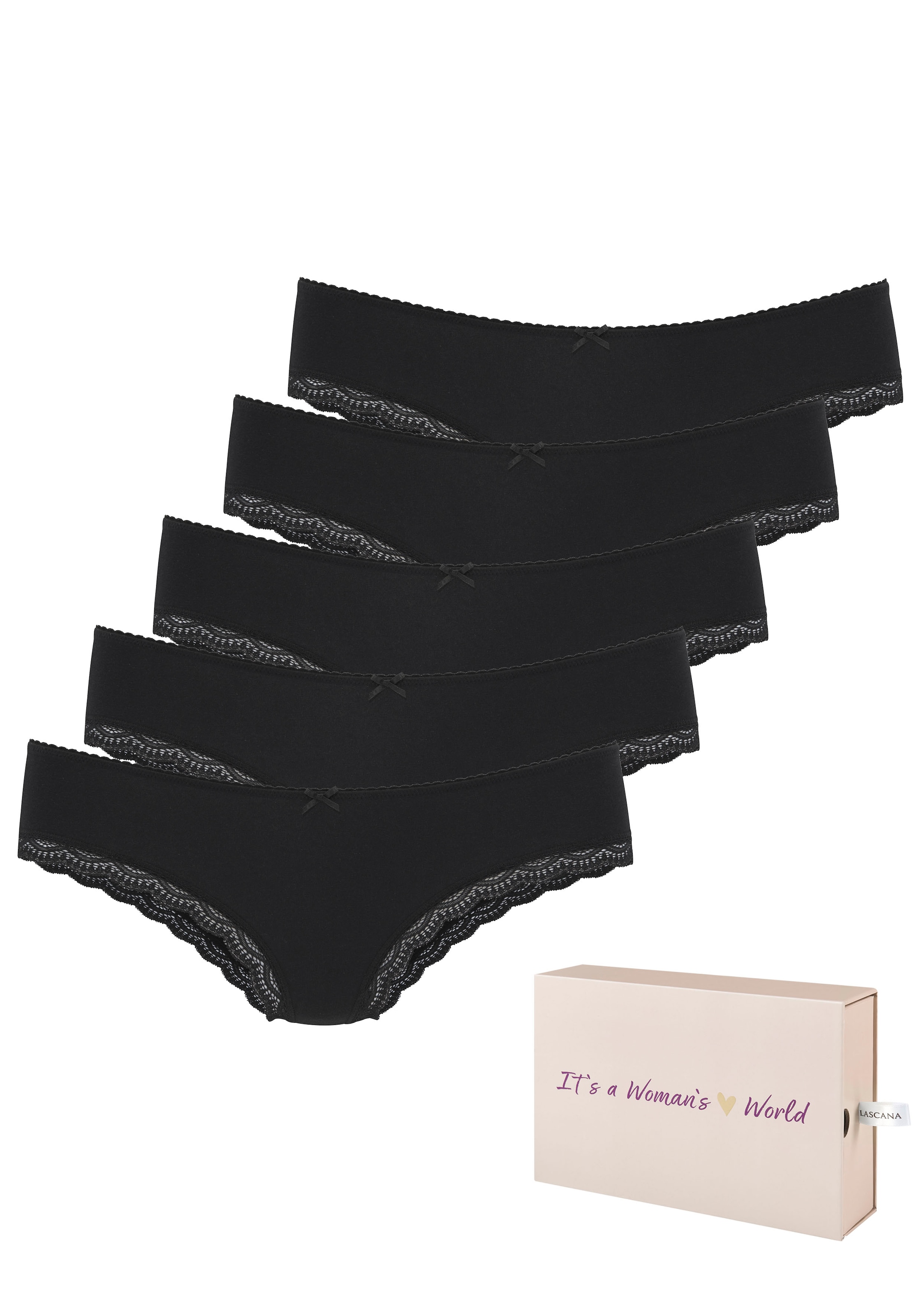 LASCANA Brasilslip 5er-Pack,  aus elastischer Baumwolle mit zarter Spitze, mit Aufbewahrungsbox