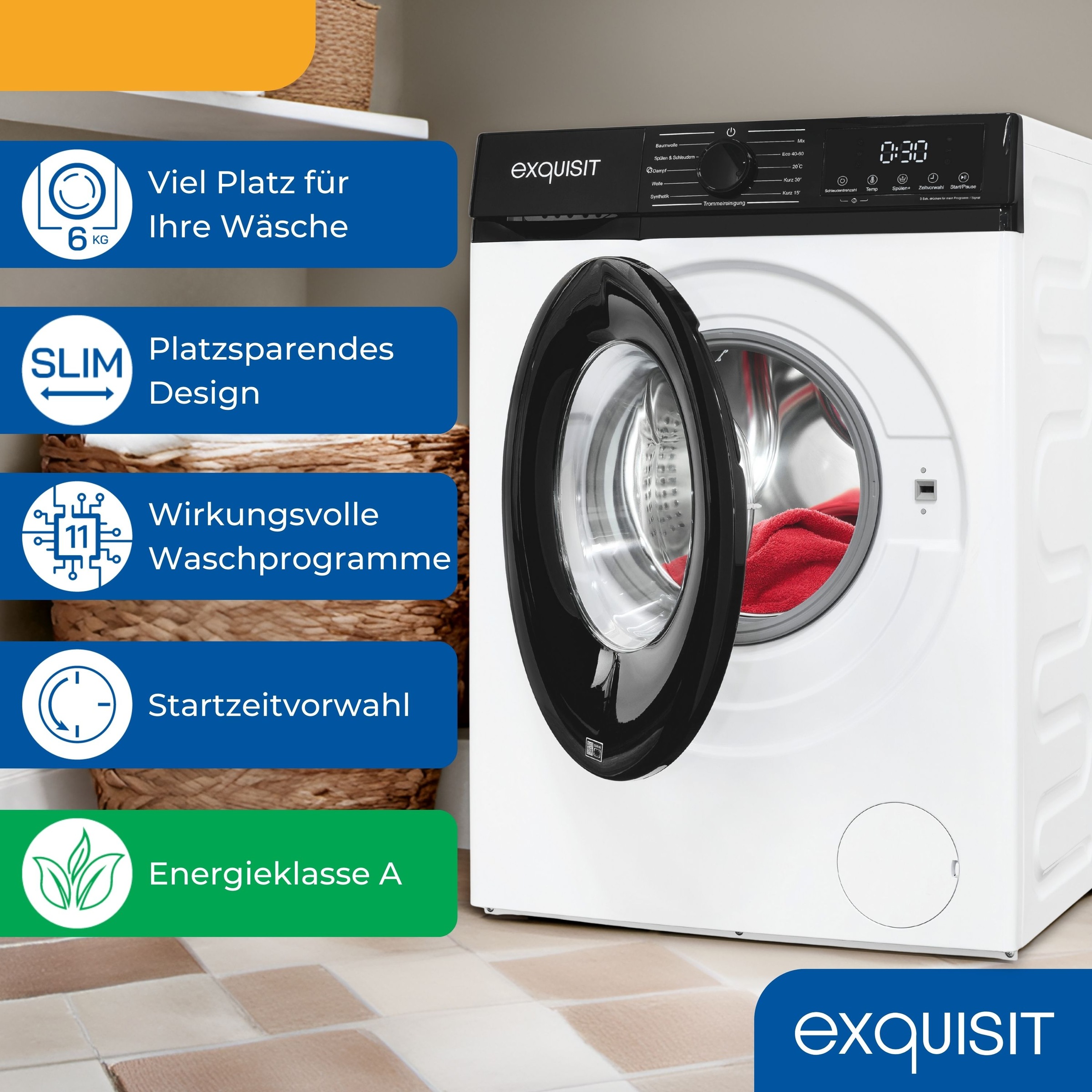 exquisit Waschmaschine »WA6312-370A weiss«, 6 kg, 11 Programme, Restlaufzeitanzeige, Kindersicheruing