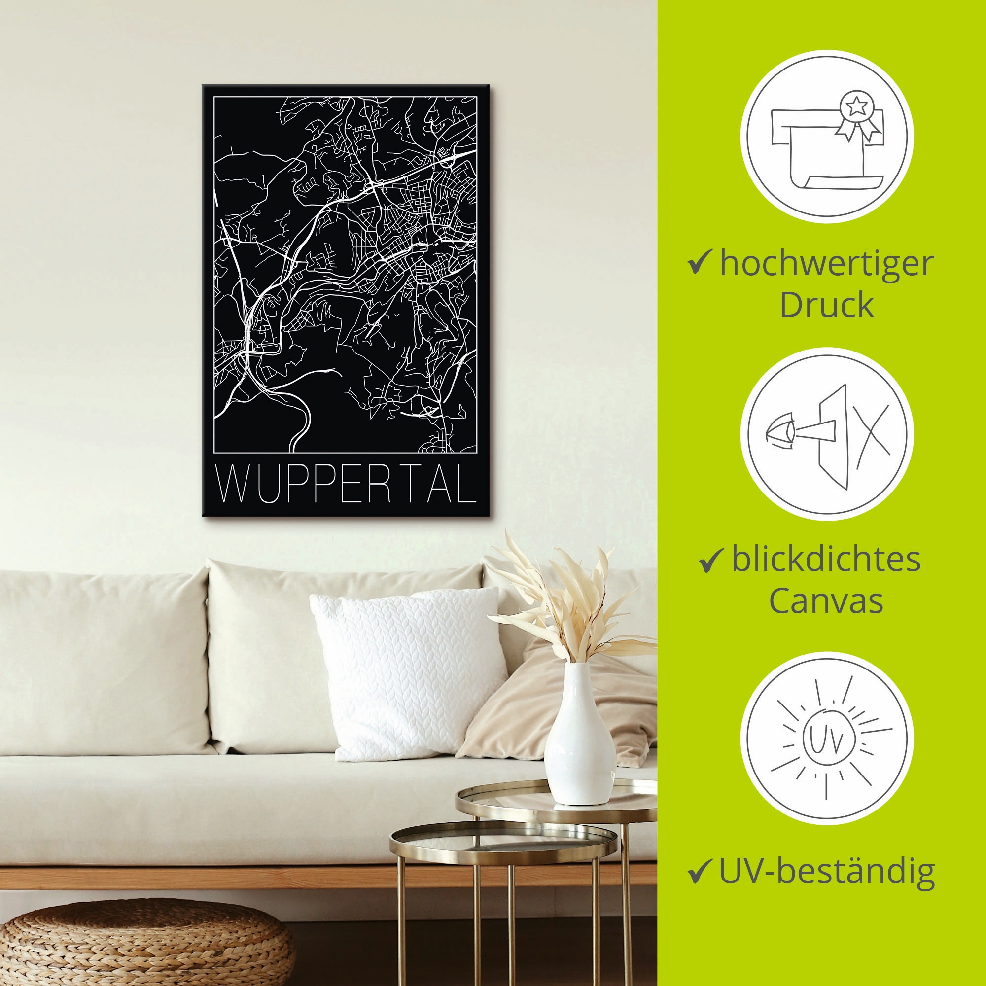 Artland Leinwandbild »Retro Karte Wuppertal Schwarz«, Deutschland, (1 St.), auf Keilrahmen gespannt