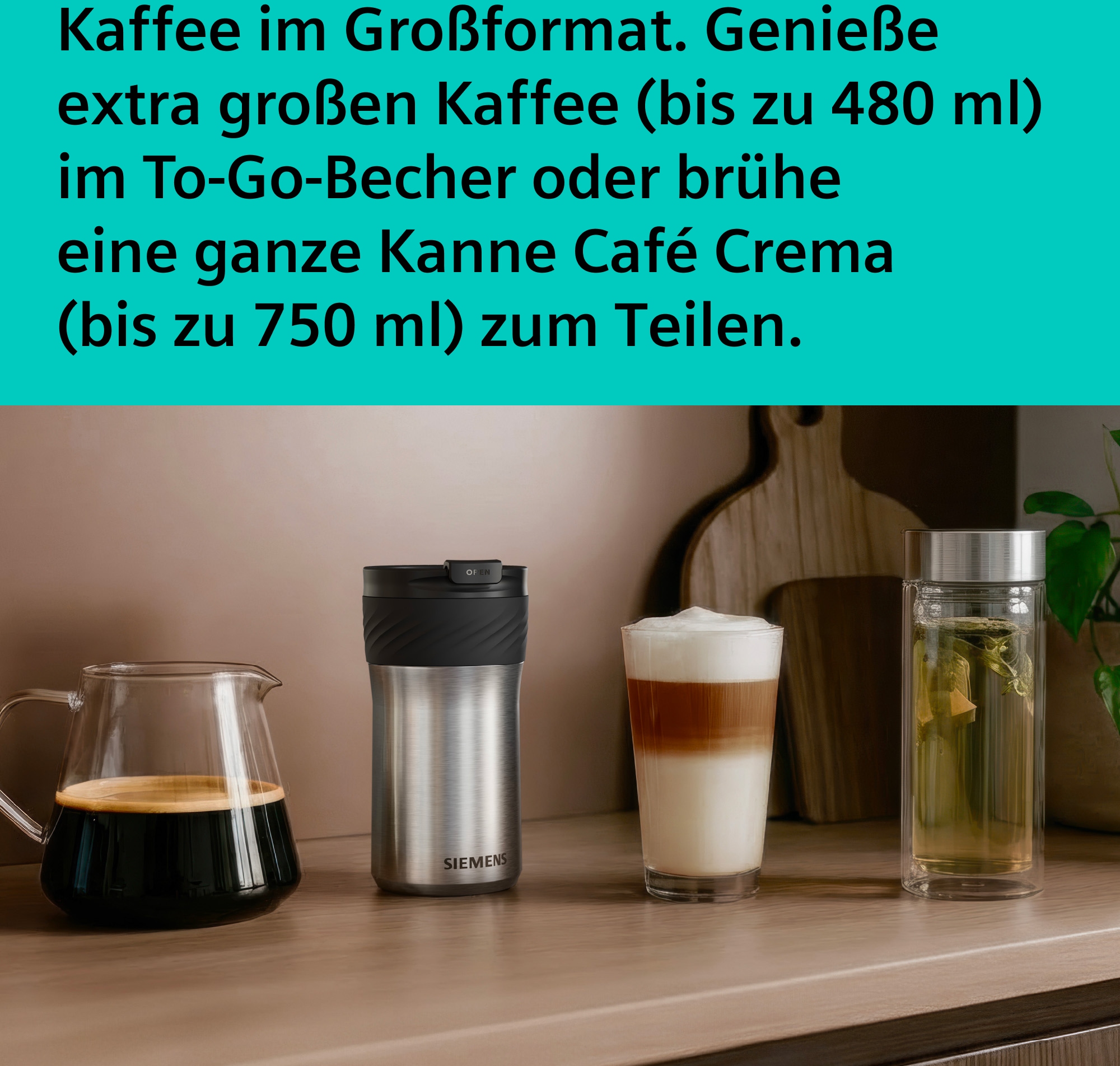 SIEMENS Kaffeevollautomat »EQ700 TP725ET7, inkl. Thermo-Kaffeebecher, XL-Getränke, 20 Favoriten« farbiges Full-Touch-Display, Doppeltassenfunktion, sehr leise, silber