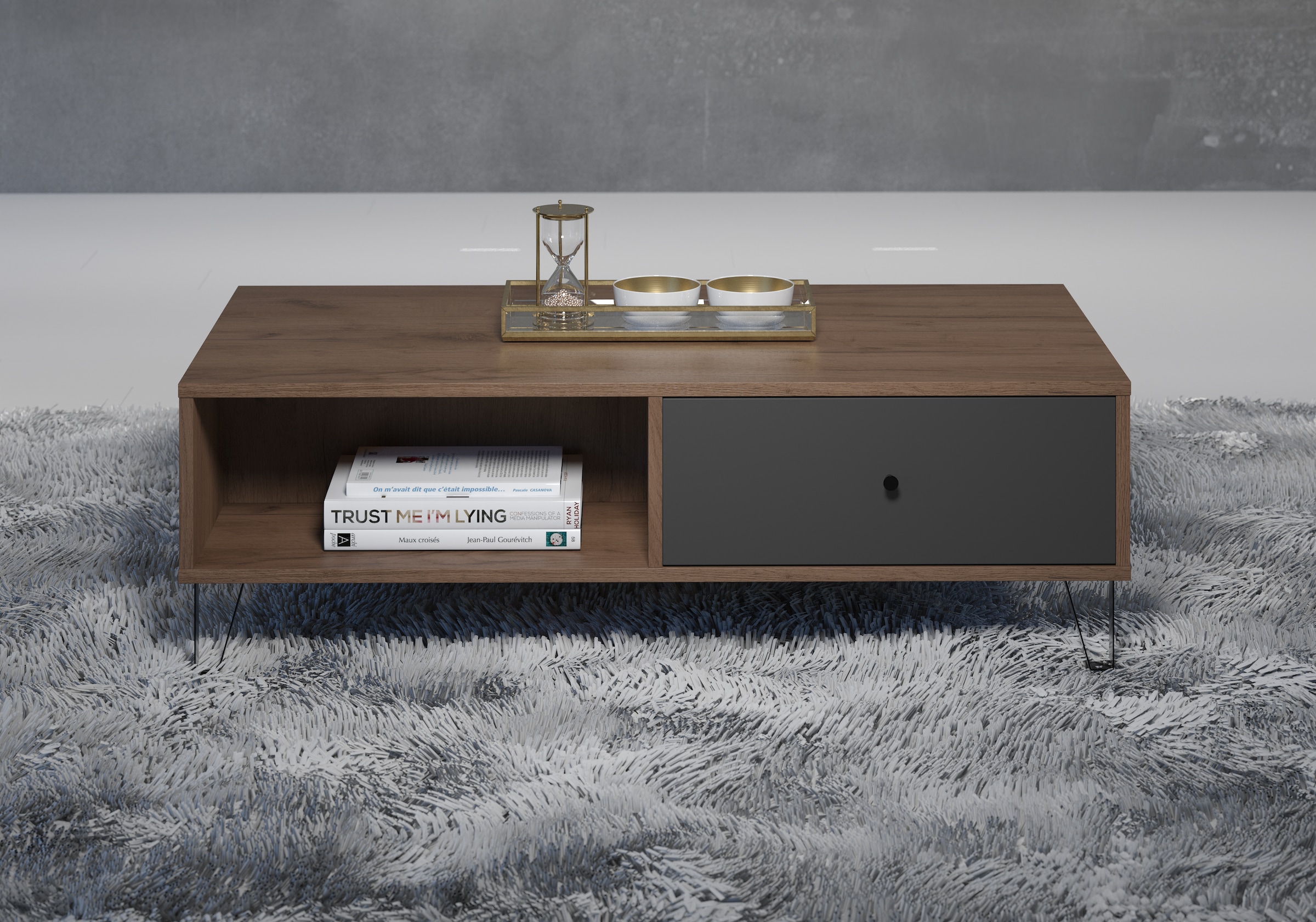 Places of Style Couchtisch »Molveno«, (1 St.), Sofatisch mit 2 Fächern, Schubladen und extravaganten Metall-Füßen