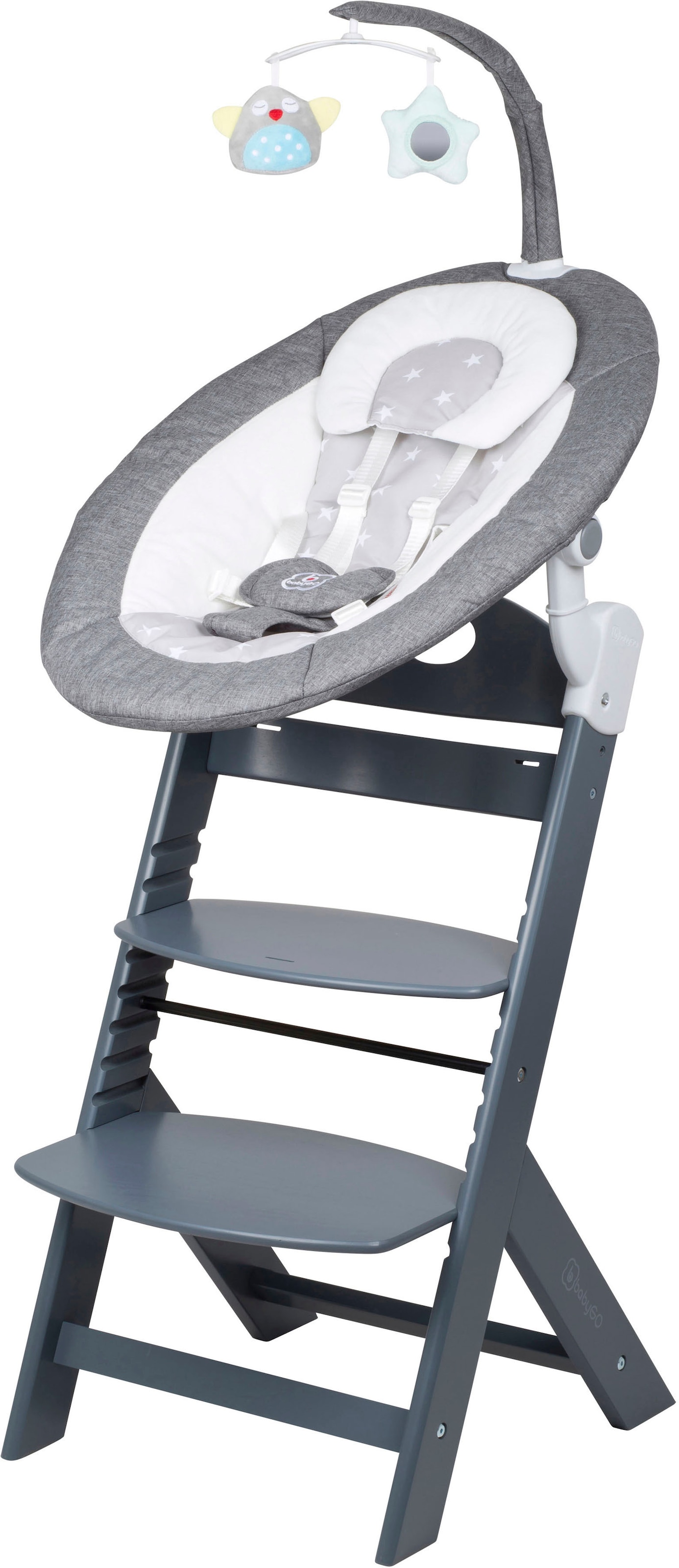 BabyGo Hochstuhl »Family Homey Set, grau/hellgrau« () mit elektrischer Babywippe inkl. Spielbogen