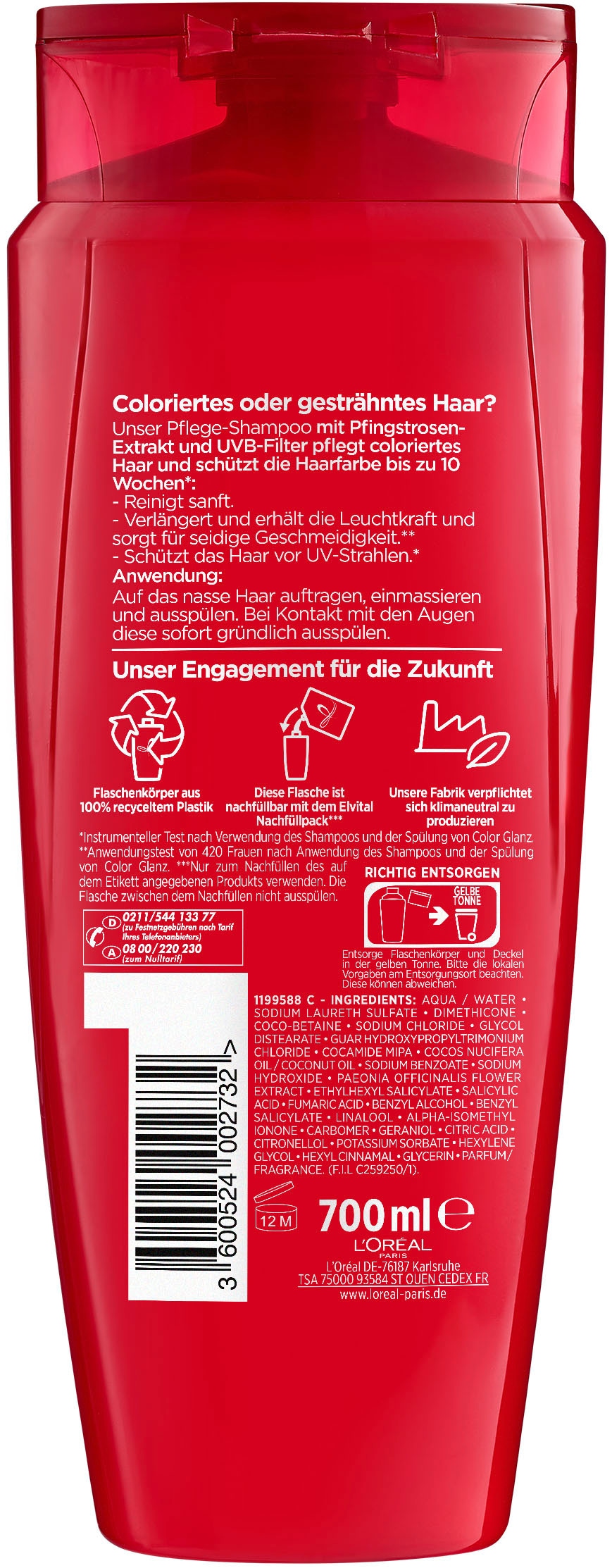 L'ORÉAL PARIS Haarshampoo »Elvital Color Glanz Shampoo«, (Packung, 6 tlg.), Mit Farbschutz für längere Leuchtkraft, mit UVA-/UVB-Filter.