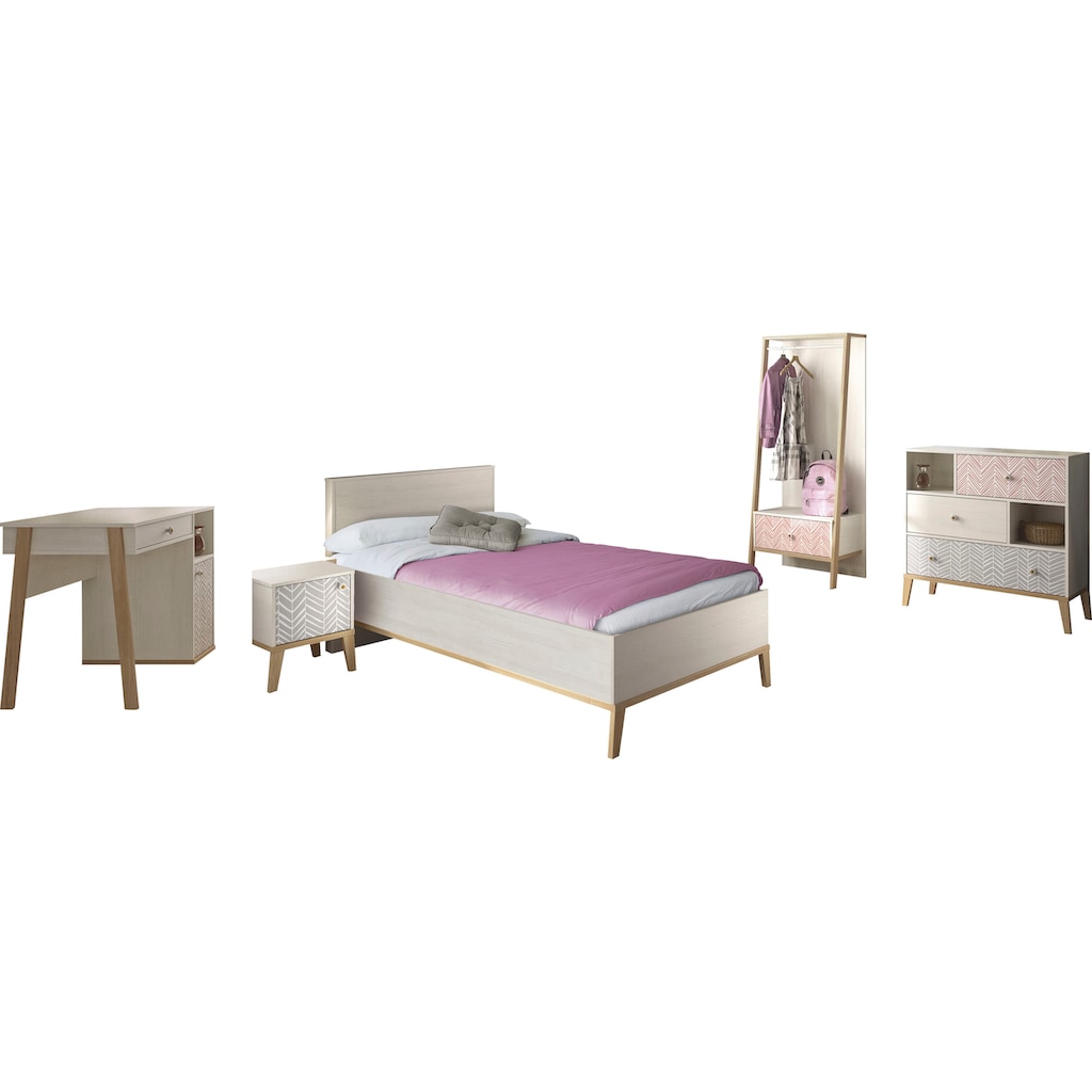 Gami Jugendzimmer-Set »Alika«, (Set, 5 St., Kleiderständer, Bett und Nachttisch,Kommode und ein Schreibtisch)