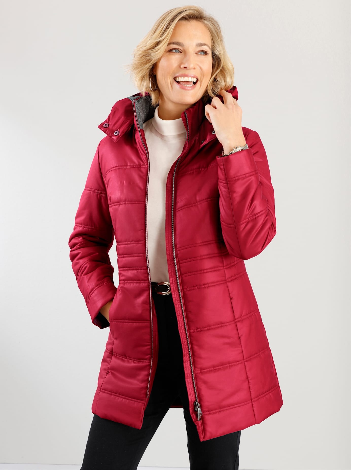 Classic Basics, Damen, Langjacke mit Kapuze, kirsche, 48, kirsche, abnehmbare Kapuze