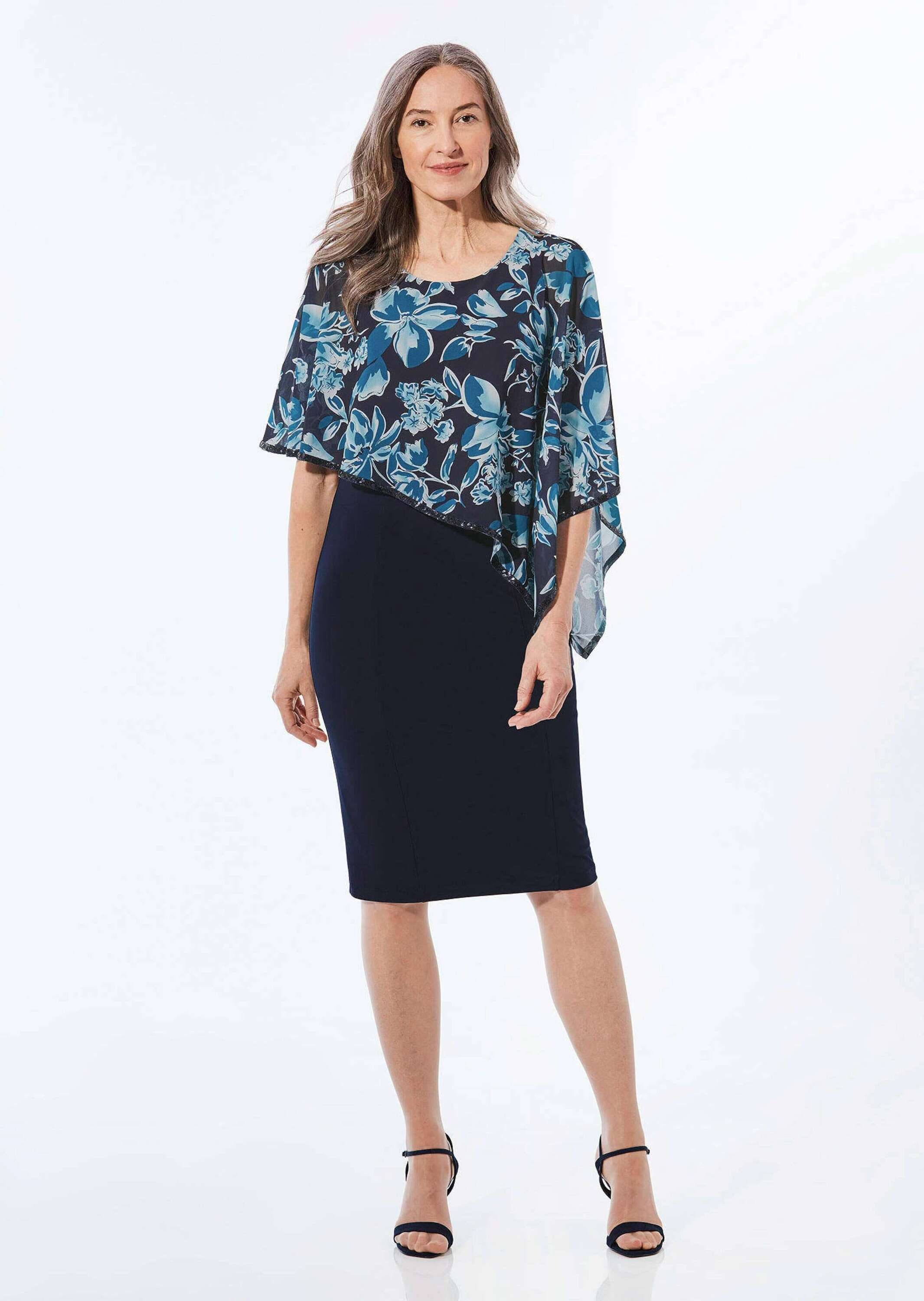 GOLDNER Etuikleid »Kurzgröße Festliches Kleid mit Chiffonüberwurf« Chiffonüberwurf mit schimmerndem Paillettenbesatz