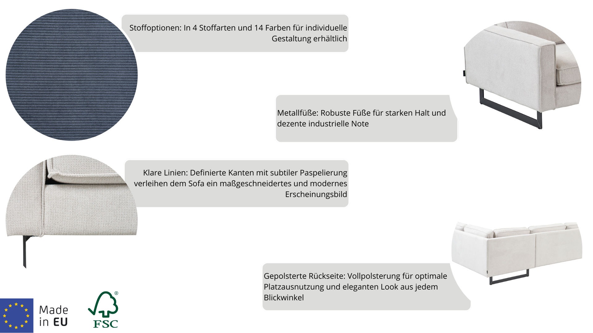 Places of Style 3-Sitzer »Pinto«, mit Keder, Metallfüßen und auch in Cord Bezug erhältlich