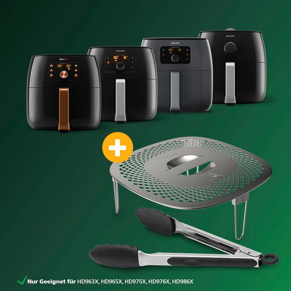 Philips Grillpfanneneinsatz »HD9954/01 Snack Profi-Kit«, Edelstahl-Silikon, (3 St.), Snackdeckel+ Zange für Airfryer XXL HD96XX, HD97XX, HD98XX