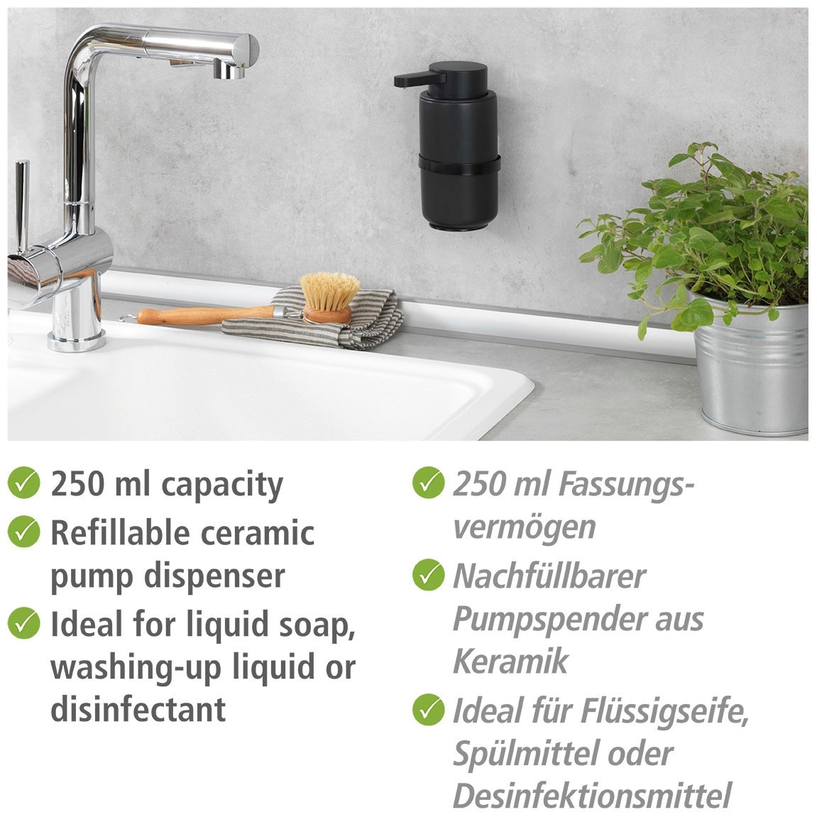 WENKO Seifenspender »Woya«, (1 tlg.), Schwarz, Keramik, 250 ml