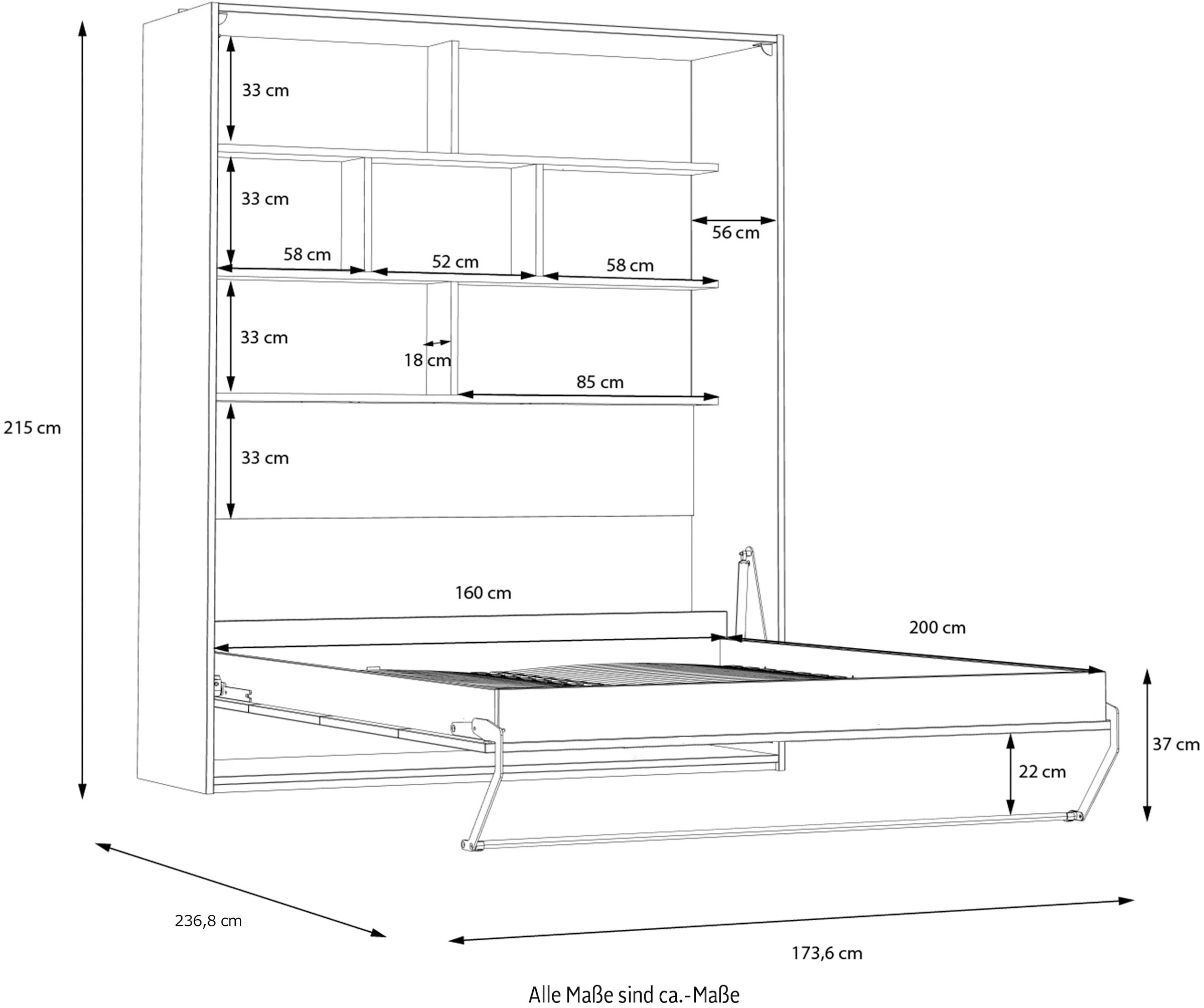 FORTE Schrankbett »Jugendbett, Gästebett, 250 KG Belastbarkeit, platzsparend«, (H//T zusammengeklappt ca.215/57,4 in drei Breiten), Made in Europe, inklusive Lattenrost, perfekte Lösung für kleine Räume