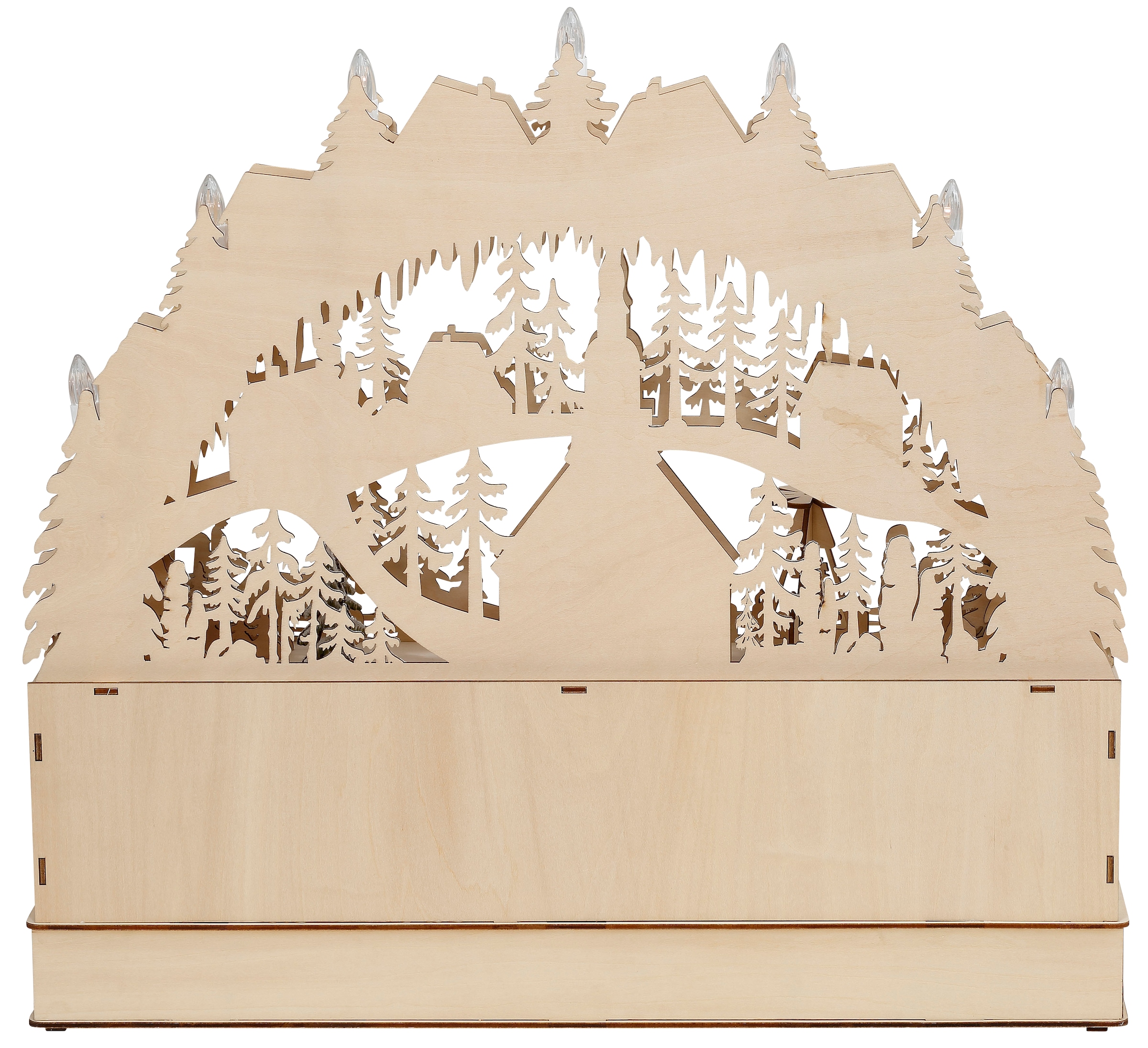 OTTO home LED Schwibbogen »Deniz, mit Musikwerk« 1 Stk. aus Holz mit LED Beleuchtung und bewegender Pyramide, Dorf im Gebirge