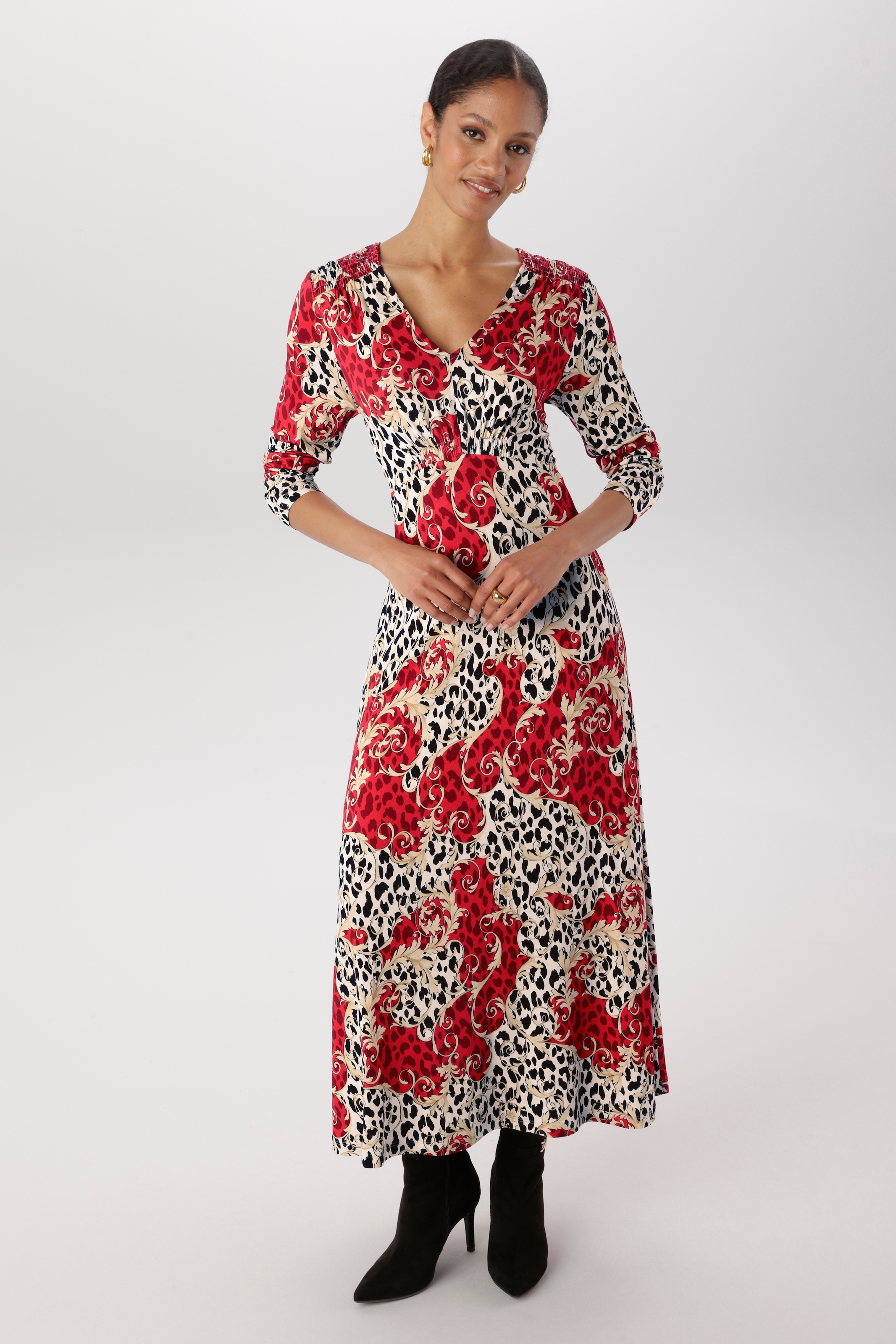 Aniston SELECTED Midikleid mit Smok-Details und fantasievollem Leo-Print