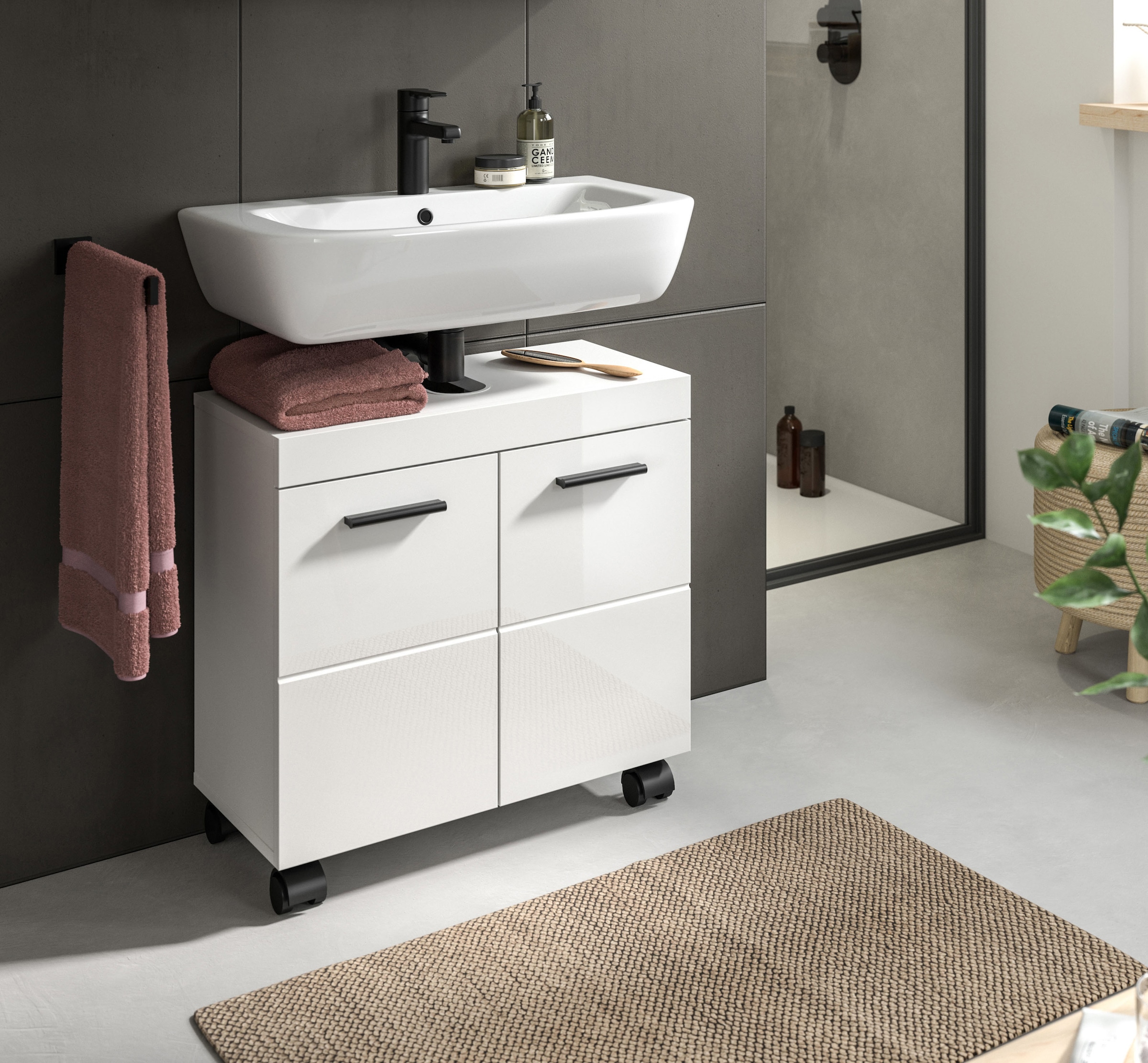 welltime Waschbeckenunterschrank »AVON, Breite 60 cm, 2 Türen, 1 Einlegboden, 2 Fächer« mit Siphonausschnitt 22x8 cm, Rückwand mit Ausschitt,  Badmöbel, Badschrank, Unterschrank, Waschtisch, Kommode, Bad