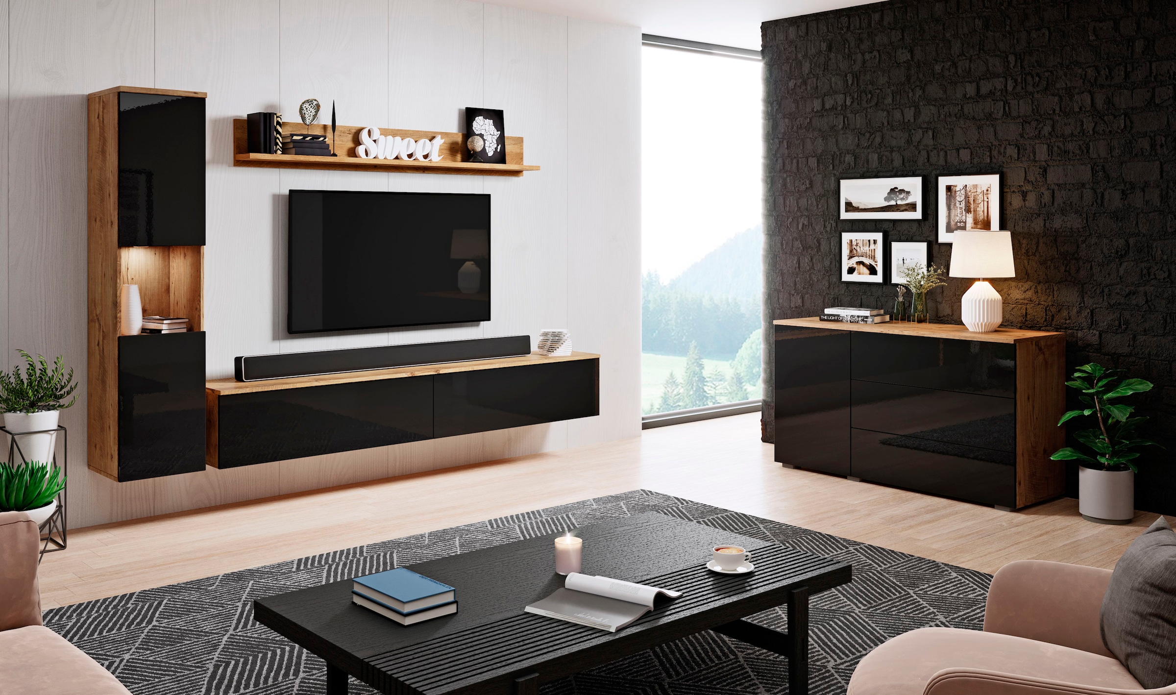 INOSIGN Wohnwand »PARIS«, (Komplett-Set, 3 St.), TV-Wand 220cm breite, grifflose Design, stehend und hängend montierbar