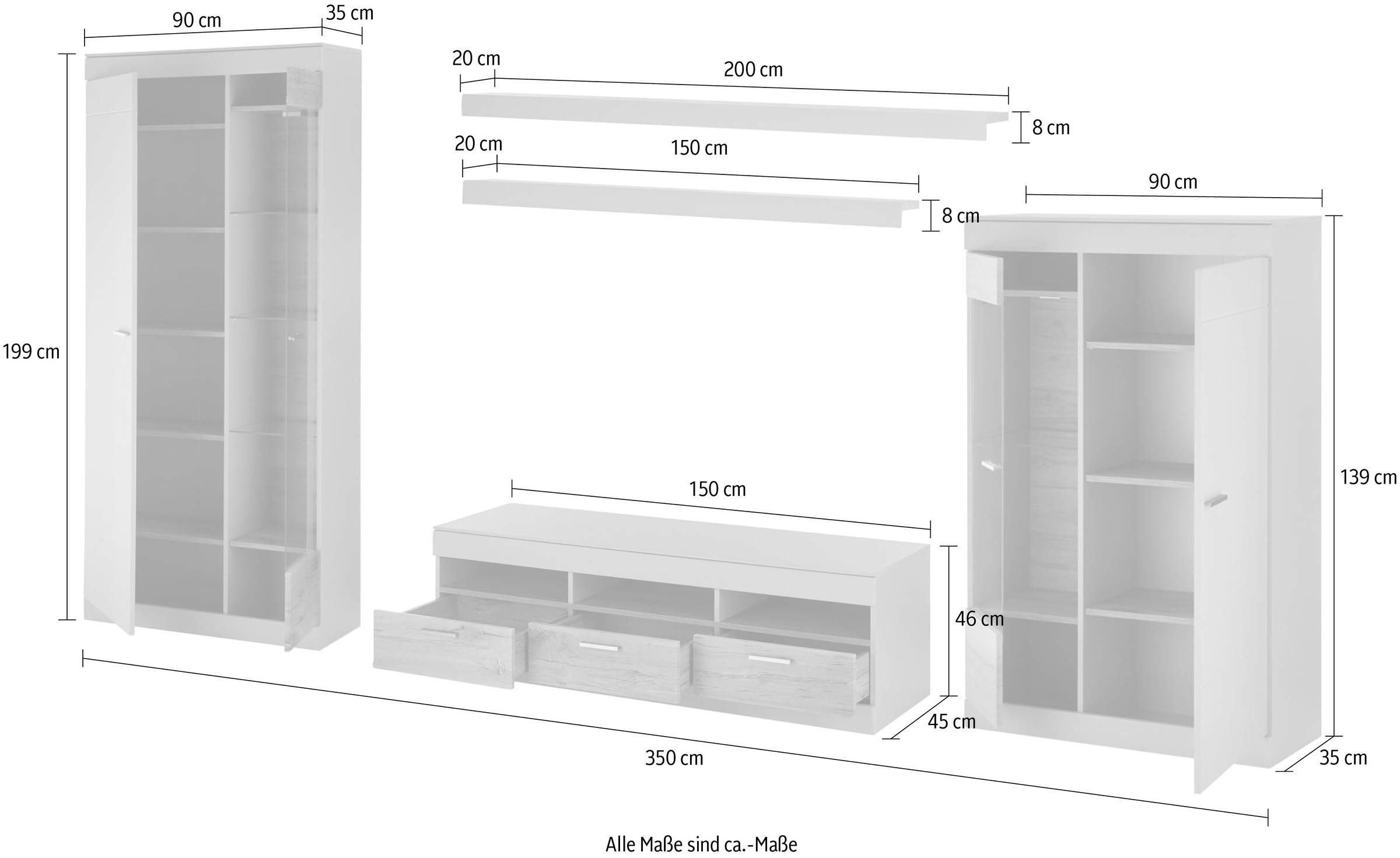 INOSIGN Wohnwand »SCARA«, (5 St.), trendige Farbe mit Applikation Zinneiche Dekor, mit Softclose-Funktion