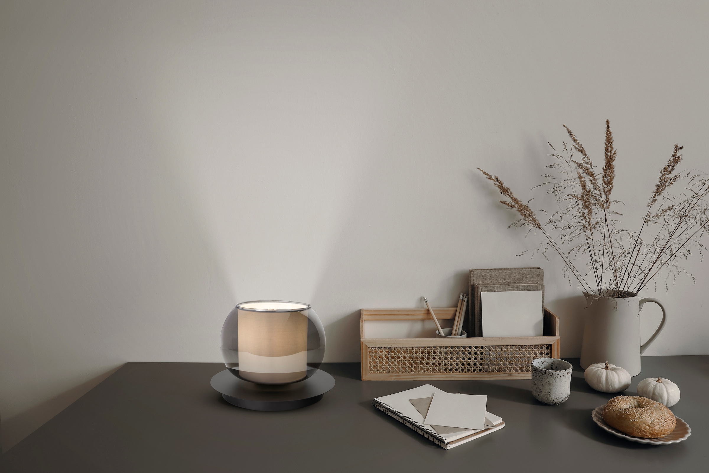 OTTO home Tischleuchte »Tanissa mit Doppelschirm« E27 1 Stk. runde Tischlampe, Rauchglas, Ø 18 cm, Stoffschirm, E27, Glasschirm