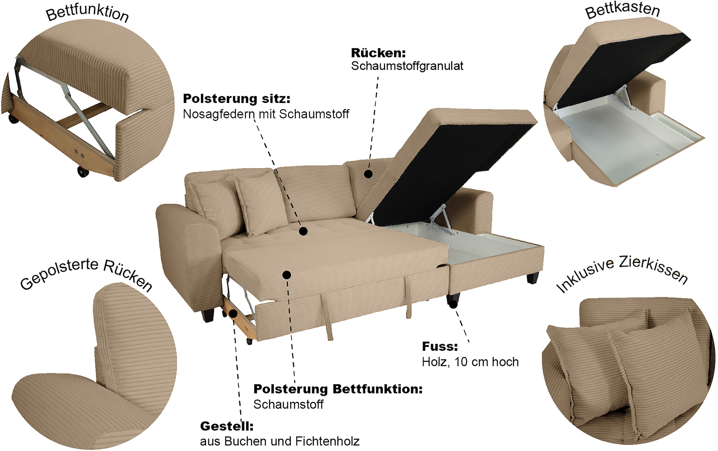 Trends by HG Ecksofa »Moritz, L-Form« inkl. Bettfunktion und Bettkasten, inkl. 2 Zierkissen