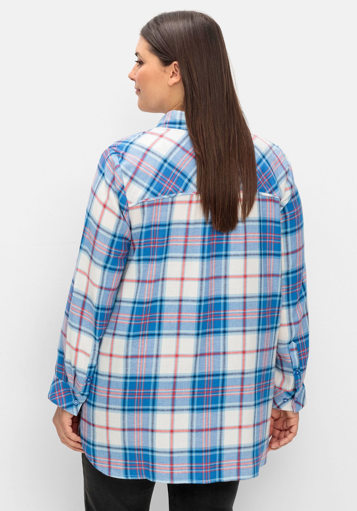 Sheego Longbluse »Karierte Longbluse aus Baumwoll-Flanell, mit Krempelärmeln«, aus Baumwoll-Flanell, mit Krempelärmeln