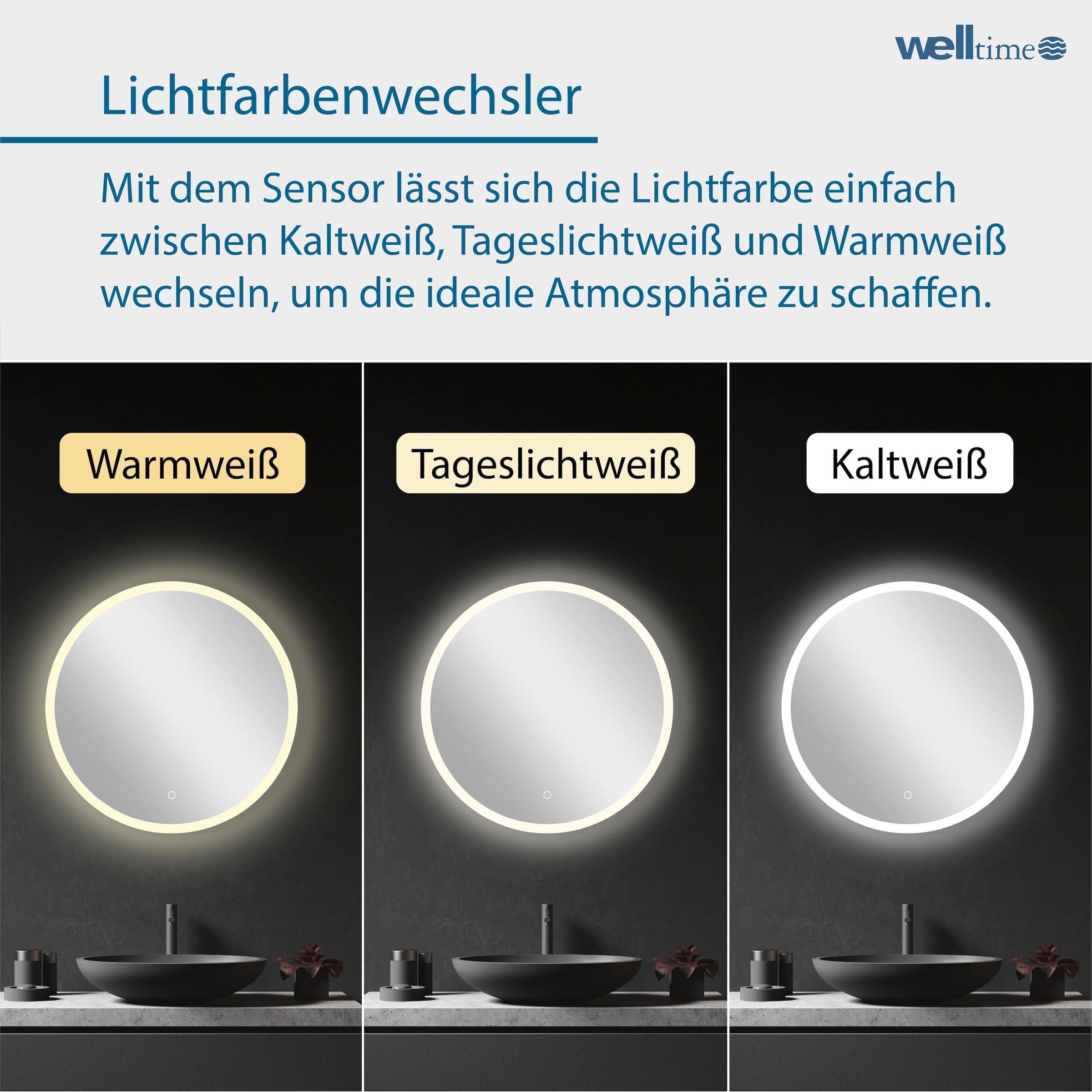 welltime LED-Lichtspiegel »Aura«, mit Lichtfarbenwechsler und Dimmschalter, in verschiedenen Größen