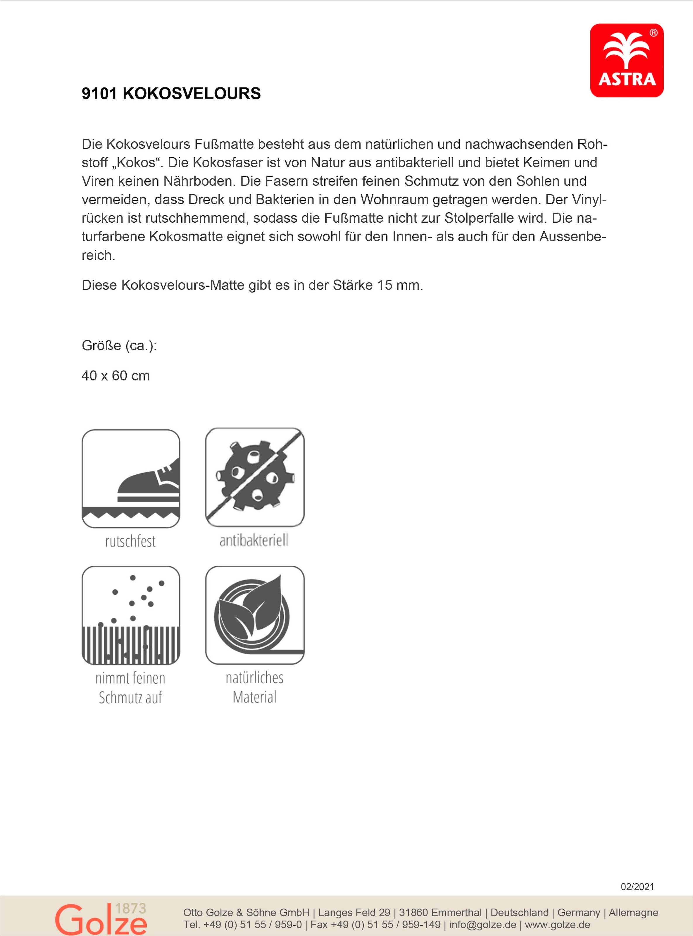 ASTRA Fußmatte »Kokosvelours« rechteckig 15 mm Höhe Kokos Türmatte, rutschfest, schmutzabweisend