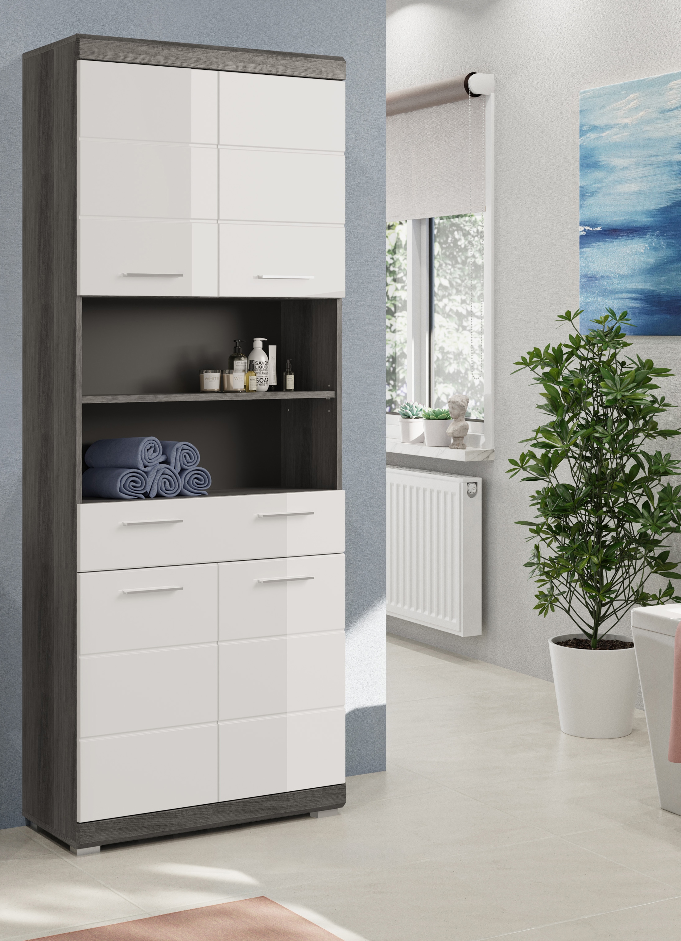 INOSIGN Hochschrank »SIENA, Breite 74cm, 4 Türen, 1 Schubkasten, 2 offene Fächer, MDF-Front« TOPSELLER!,  in verschiedenen Farben erhältlich, Badmöbel, Badschrank, Schrank, Bad