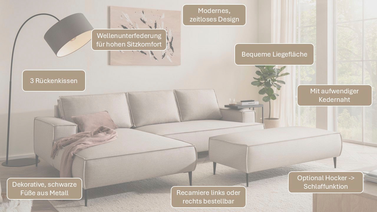 OTTO home Ecksofa »TVINNU Leinenoptik, L-Form, Breite 275 cm« wahlweise Recamiere rechts/links, schwarze Füße, bequemer Sitzkomfort