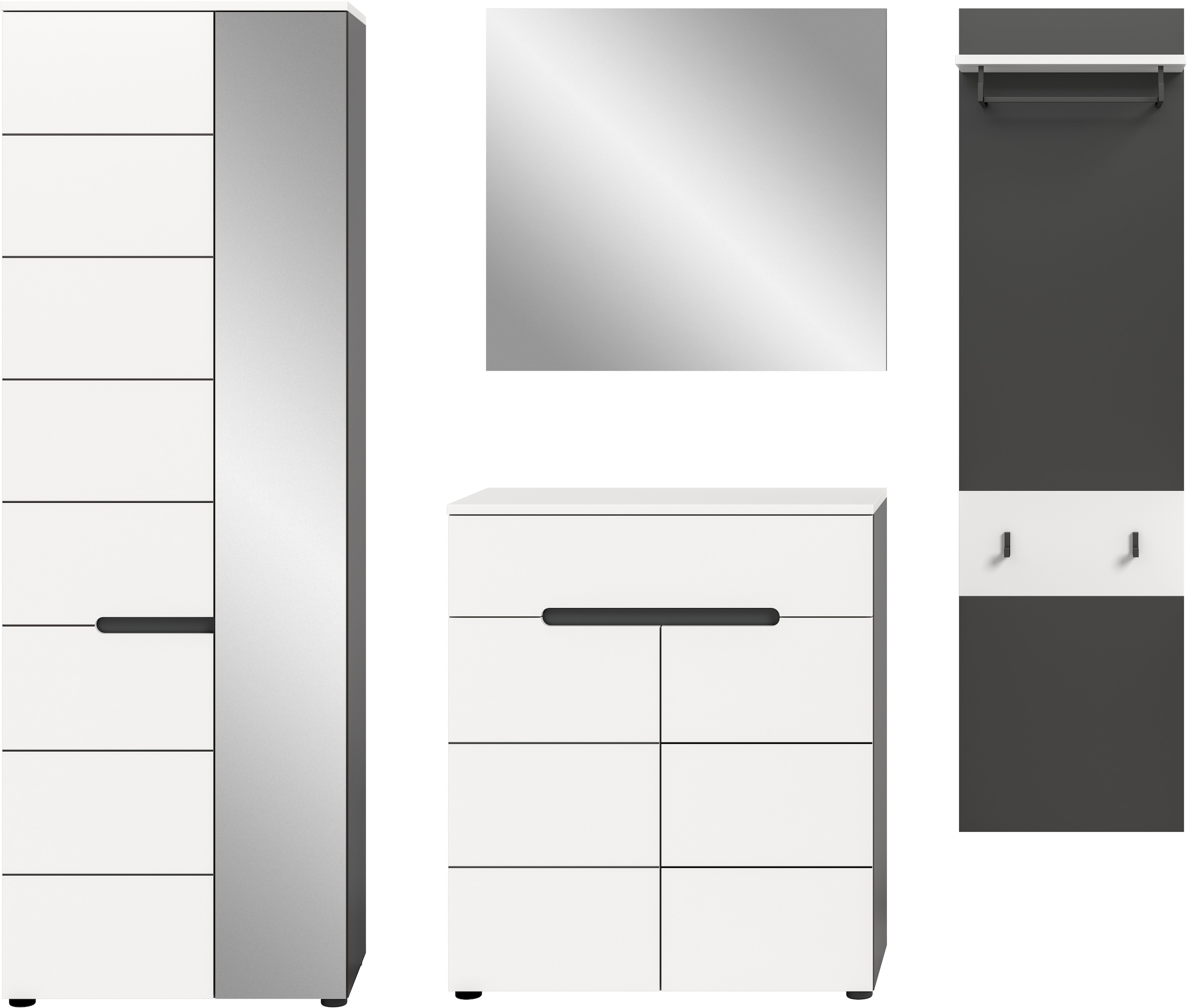 INOSIGN Garderoben-Set »REHAT, TOPSELLER!, 4-teilig, Breite 220 cm, individuell erweiterbar« Set, bestehend aus: Garderobenschrank, Kommode, Spiegel & Garderobenpaneel, 4 Stk. tlg.