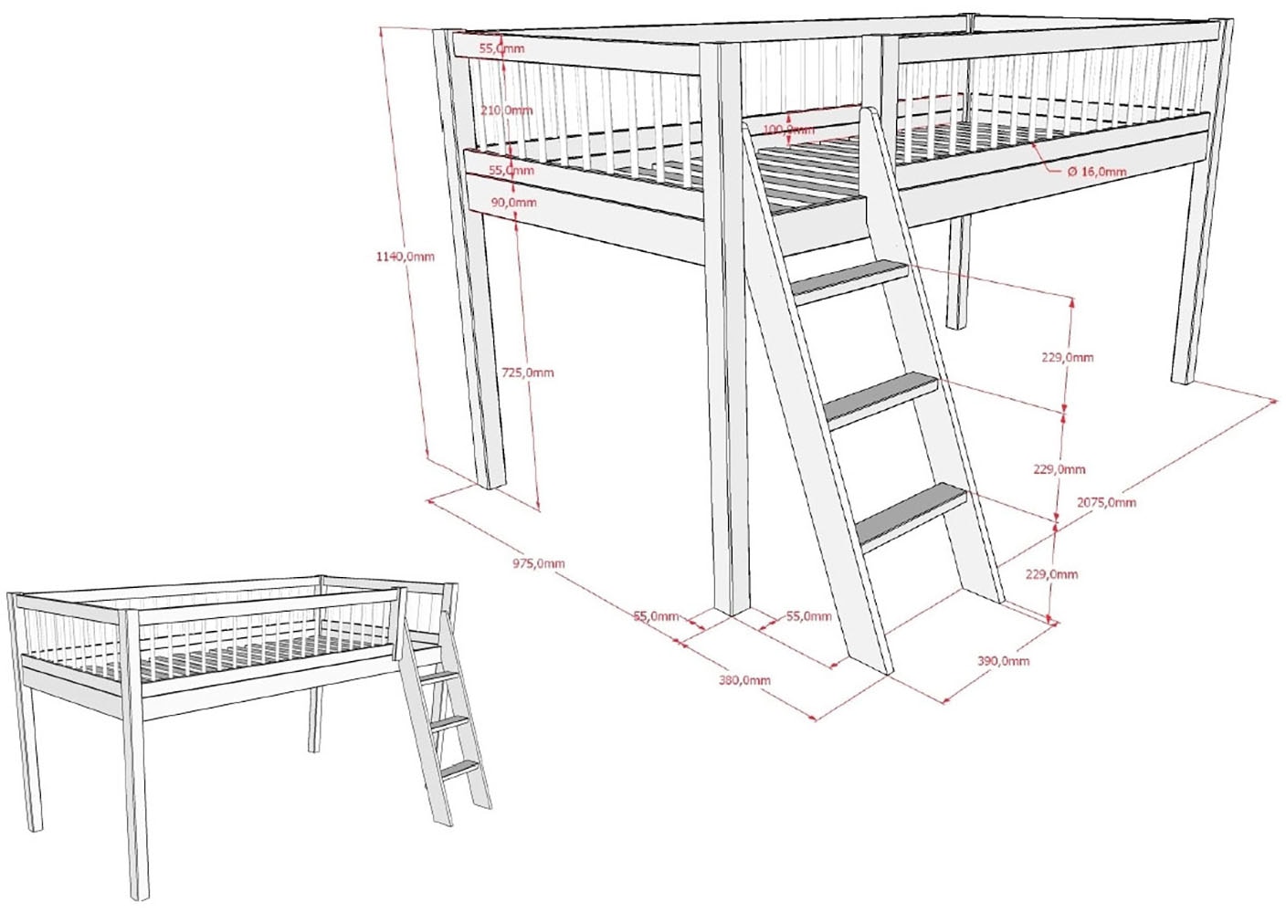 Vipack Spielbett »Forrest, Absturzschutz mit Sprossen-Optik, Pfostenstärken ca. 50x50mm« Buche natur lackiert, stabil und hochwertig gebaut, inkl. Lattenrost,  90/200 cm, Spielbereich unter dem Bett, 2 Textil-Set´s zur Wahl