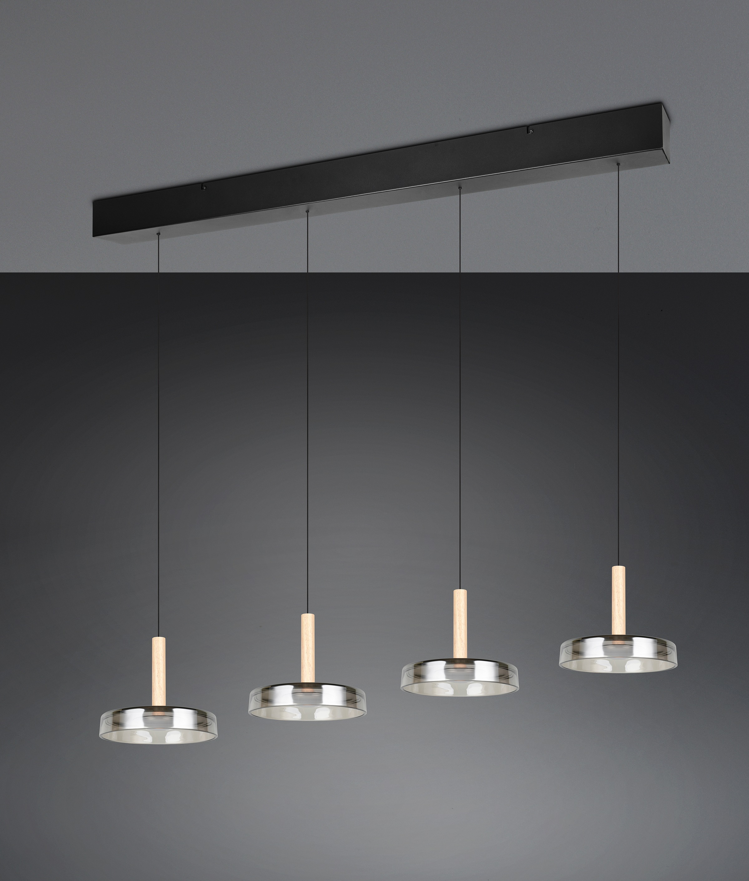 TRIO Leuchten LED Pendelleuchte »CELESTE dimmbare LED Hängelampe aus Metall Glas & Holz, 7,5W 750 Lumen« LED-Board 1 Stk. Warmweiß 4-flammig einfach höhenverstellbar von 50-200 cm 3-Stufen Dimmfunktion