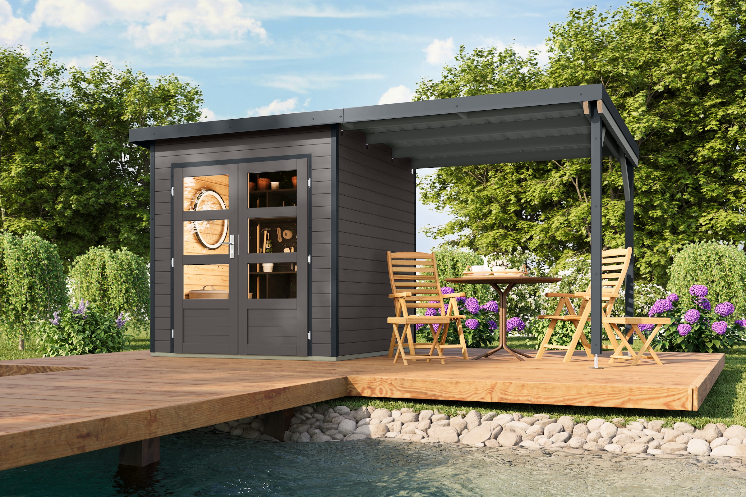 Karibu Gartenhaus »Plutino 1  SET, in verschiedenen Farben« inkl. Anbaudach