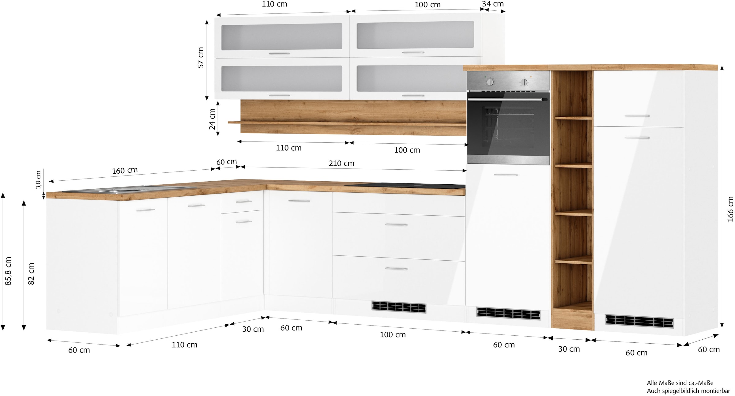 KOCHSTATION Winkelküche »KS-Milan, optional mit Muldenlüfter«, Stellbr.360/220 cm, wahlweise mit E-Geräten, Kochfeld mit Dunstabzug